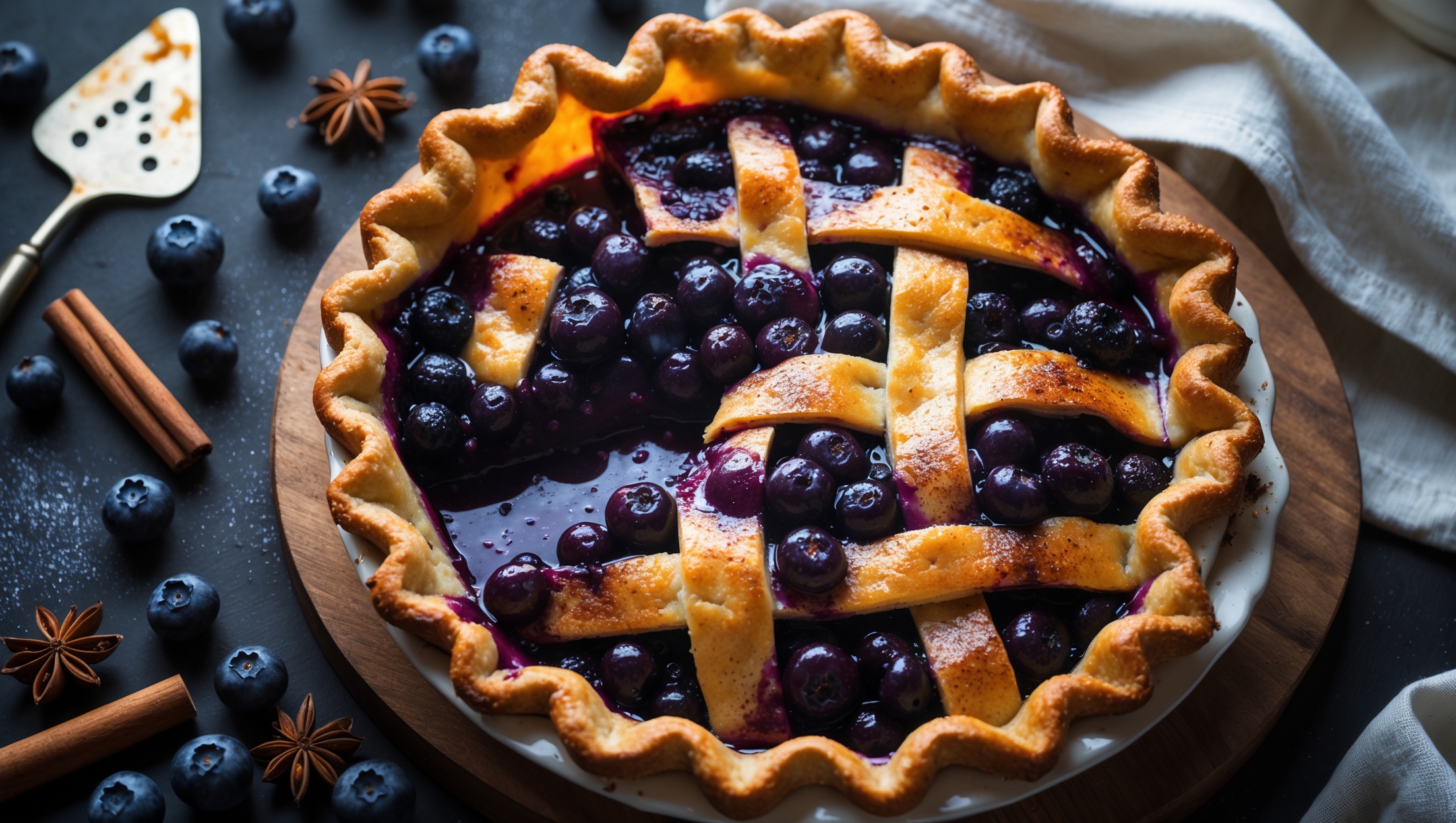 An overhead shot of a golden-brown Spiced Blueberry Pie with a beautifully latticed top crust, where deep purple-blue filling bubbles through the gaps. Soft natural light highlights the sugar-dusted pastry's flaky texture and caramelized edges. A slice has been removed, revealing the glossy blueberry filling studded with whole berries suspended in their juices, speckled with cinnamon and nutmeg. The pie rests on a rustic wooden board with scattered fresh blueberries, cinnamon sticks, and star anise surrounding it, with a vintage cake server positioned nearby. Steam visibly rises from the warm filling, carrying the aroma of warming spices and sweet fruit.