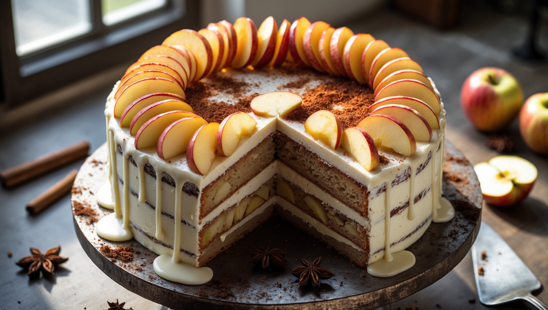 An overhead shot of a rustic three-layer cake with visible flecks of spice in the golden-brown sponge, captured in soft natural light streaming through a kitchen window. The cross-section reveals delicate apple layers nestled between moist cake tiers, while cream cheese frosting drips elegantly down the sides with appealing imperfection. Thinly sliced caramelized apples crown the top in a spiral pattern, their edges glowing amber. The cake sits on a weathered wooden cake stand, surrounded by scattered cinnamon sticks, star anise, and fresh apple slices, with a vintage cake server resting nearby, ready to cut into the first slice.