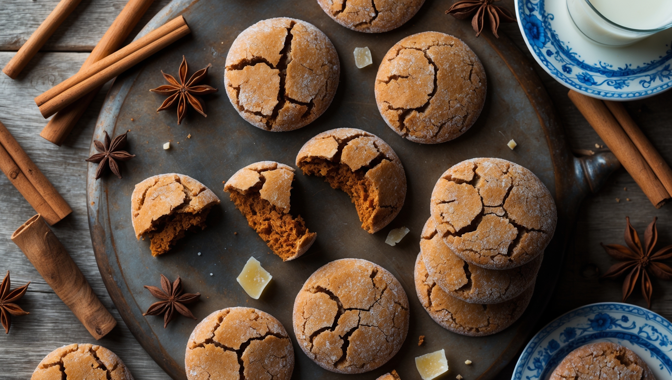 An overhead shot of rustic spiced ginger cookies arranged on a weathered wooden board, with a few cookies broken to reveal their chewy centers. The cookies' crackled surfaces glisten under soft window light, highlighting their sugar-coated exteriors and rich amber color. Scattered around the composition are whole cinnamon sticks, star anise, and pieces of crystallized ginger, emphasizing the recipe's spice profile. A vintage blue ceramic plate holds a small stack of cookies in the corner, while a glass of milk sits partially visible at the edge of the frame, creating a cozy, inviting feel that complements these warming, aromatic treats.