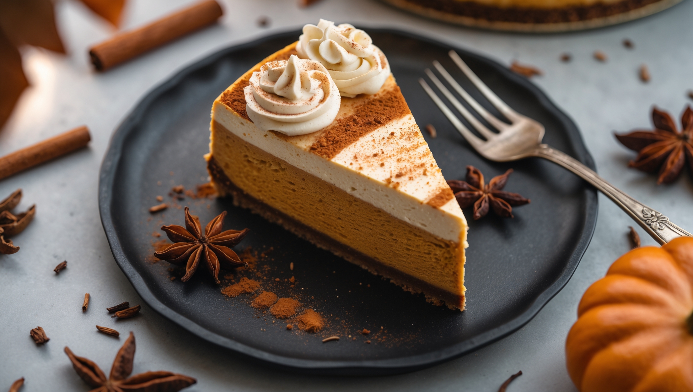 An overhead shot of a perfectly sliced wedge of Spiced Chai Pumpkin Cheesecake on a matte black ceramic plate, revealing its velvety amber-hued interior and crisp graham cracker crust. Soft natural light streams in from the side, highlighting the delicate swirls of cinnamon whipped cream piped along the top edge. A light dusting of chai spice mixture creates a gradient effect across the surface, while scattered cinnamon sticks, star anise, and dried orange slices arranged artfully around the plate enhance the rustic-elegant presentation. A vintage silver dessert fork rests alongside, with the remaining cheesecake visible on a wooden cake stand in the soft-focus background, surrounded by fallen autumn leaves.