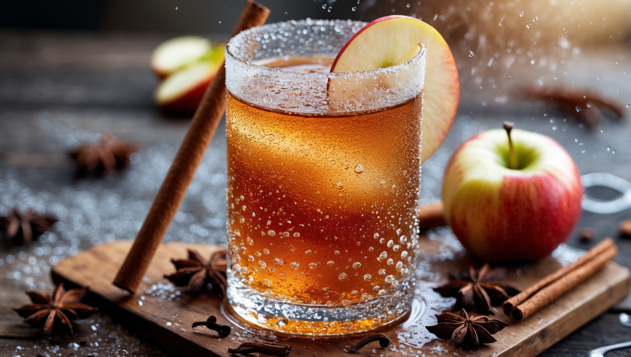 A crystal highball glass frosted with cinnamon sugar captures the Spiced Apple Cider Fizz in bright natural daylight. Amber liquid bubbles gently, creating a gradient from rich spiced cider at the bottom to effervescent lighter tones at the top. A thin apple slice floats on the surface, accompanied by a cinnamon stick leaning against the glass. Condensation beads on the exterior catch the light while star anise and cloves are visible through the glass. The drink sits on a rustic wooden surface surrounded by scattered whole spices and apple slices, emphasizing its autumnal inspiration.
