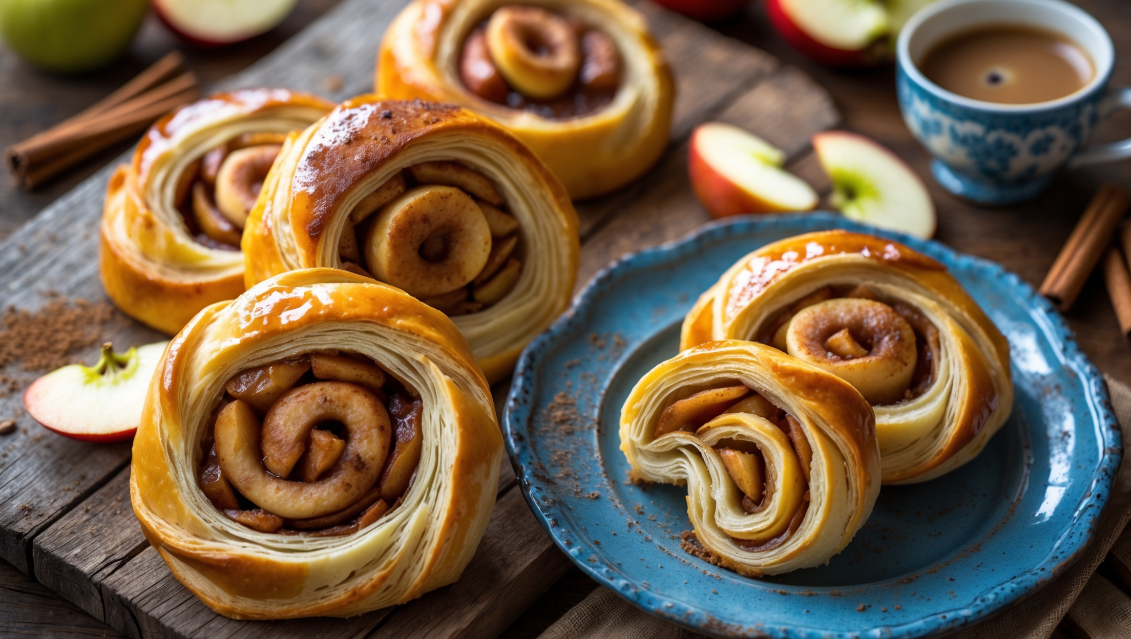 Overhead shot of golden-brown pinwheels arranged on a rustic wooden serving board, their spiral pattern showcasing caramelized apple pieces and cinnamon swirls. In cross-section, flaky pastry layers are visible with glistening apple filling peeking through. Soft natural light highlights the glossy sugar glaze drizzled across the tops, with a light dusting of cinnamon creating striking color contrast. A vintage blue ceramic plate holds a single pinwheel with a bite taken out, revealing the moist, tender interior. In the background, a steaming cup of coffee and scattered fresh apple slices and cinnamon sticks complete the cozy autumn scene.