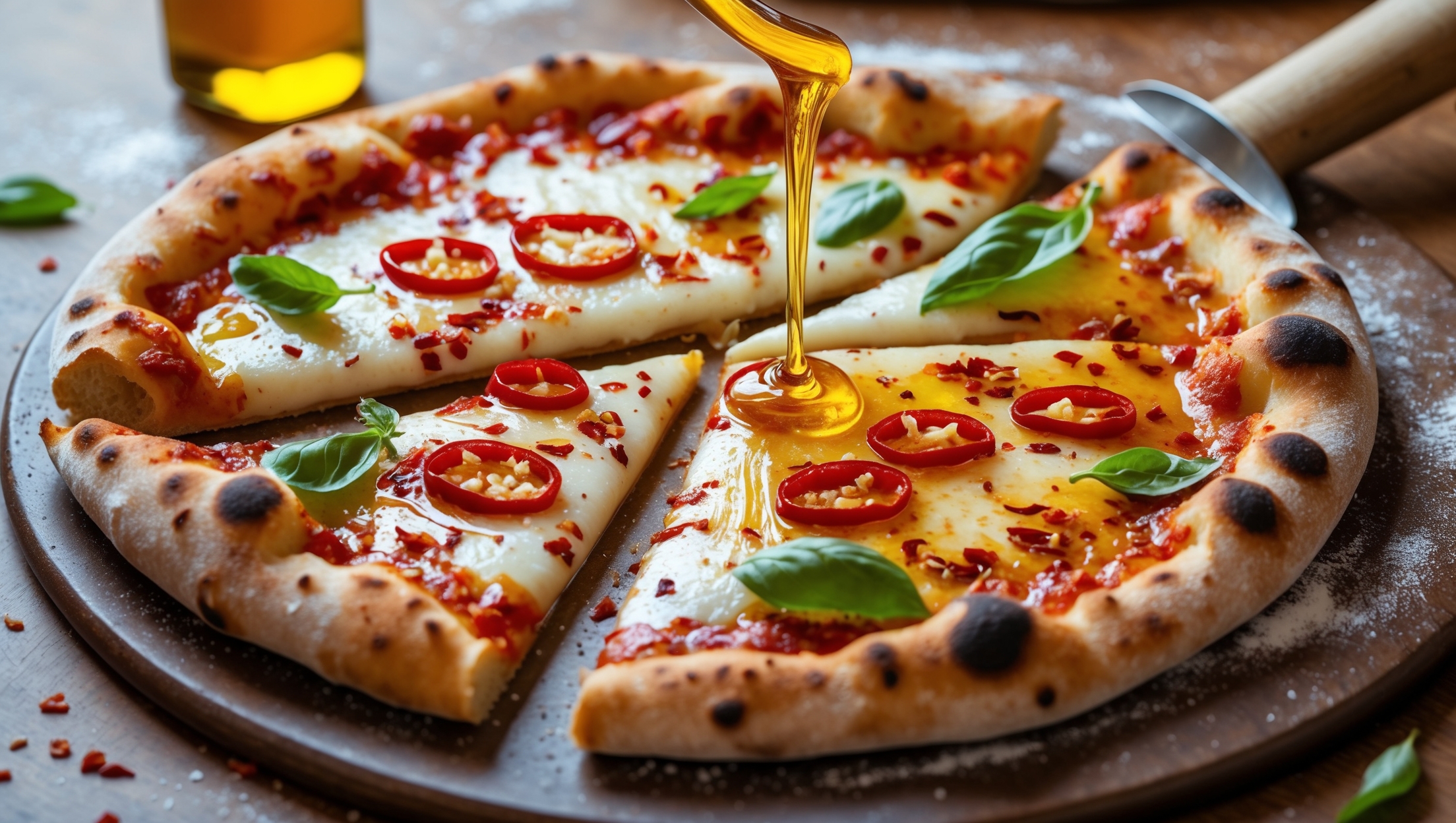 An overhead shot of a perfectly baked Spicy Honey Pizza on a rustic wooden pizza peel, golden-brown crust bubbled at the edges with a slight char. Soft natural light highlights the glistening pools of amber honey drizzled over melted cheese, which stretches in tempting strands when a slice is pulled away. Vibrant red chili flakes and thinly sliced fresh chilies provide striking color contrast against the creamy cheese base. Scattered fresh basil leaves add pops of green, while fine sea salt crystals catch the light. The background shows a warm kitchen setting with olive oil and flour dusting, evoking authentic pizzeria craftsmanship.