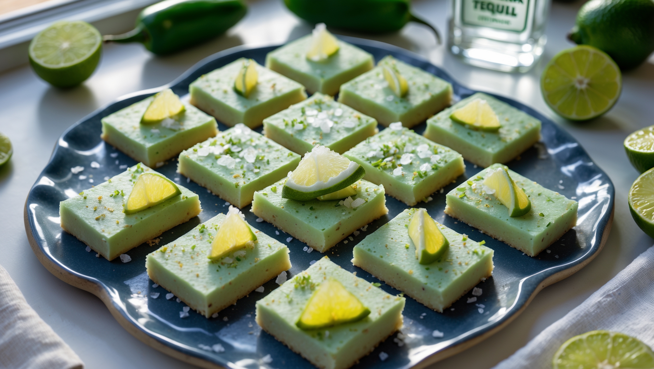 An overhead shot of diamond-shaped shortbread bars arranged on a handmade ceramic platter, dusted with lime zest and flaky sea salt that catches the soft natural light streaming through a kitchen window. A cross-section reveals the delicate green-tinted shortbread with tiny flecks of red pepper throughout. In the background, fresh jalapeños, halved limes, and a small bottle of tequila create context, while a crystallized lime wedge garnish adds sparkle to each piece. The contrast between the pale green bars and the dark blue serving plate enhances the vibrant citrus notes visually represented in this bake.