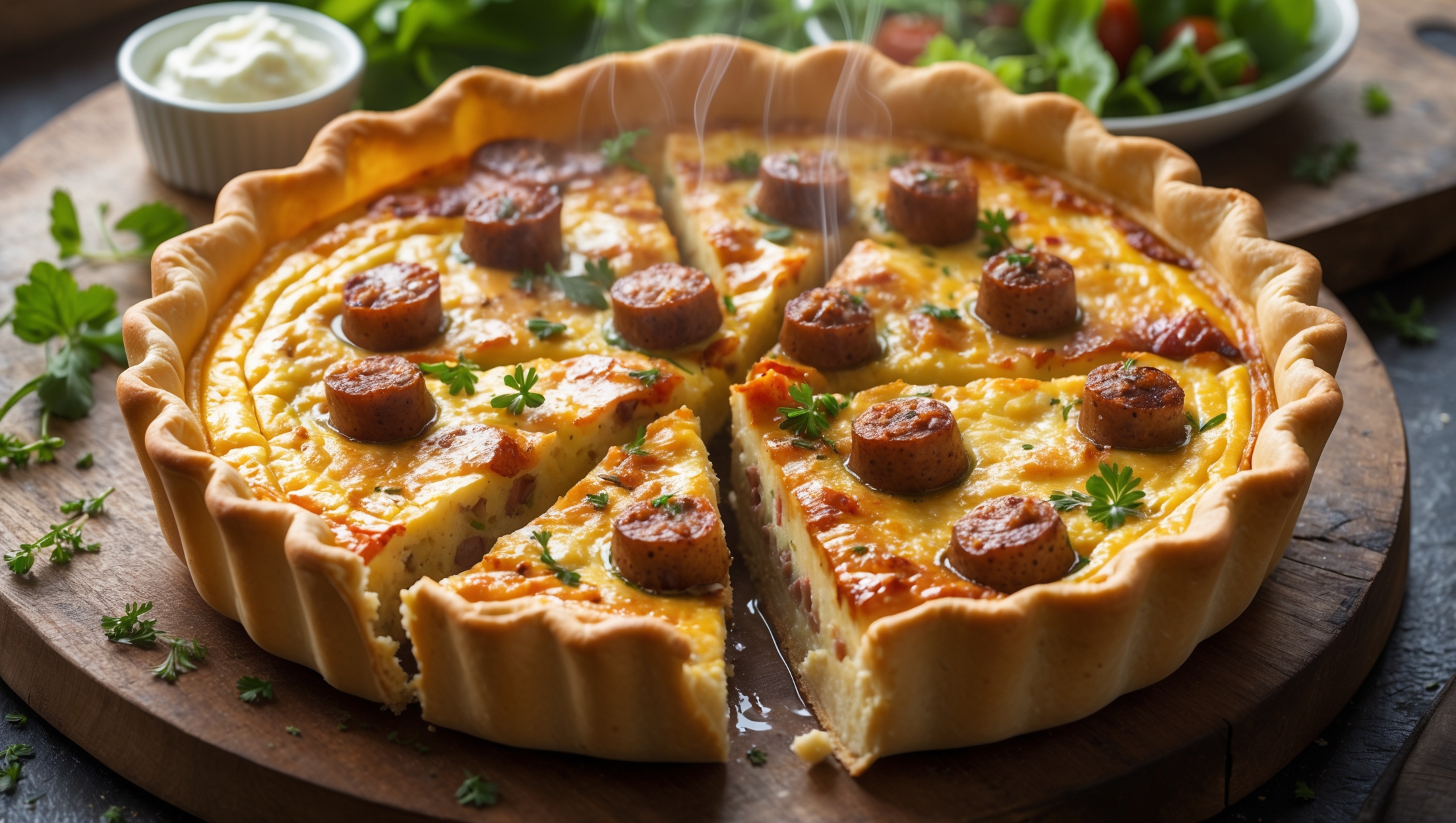 An overhead shot of a golden-brown quiche with a perfectly crimped pastry edge, showcasing a just-cut wedge revealing a moist, custard interior studded with caramelized spicy sausage pieces and flecks of fresh herbs. Natural window light highlights the flaky layers of the buttery crust while steam gently rises from the warm filling. The quiche rests on a rustic wooden board alongside scattered fresh herbs, a small ramekin of crème fraîche, and a colorful side salad, creating a contrast between the warm amber tones of the quiche and the bright greens of the accompaniments.