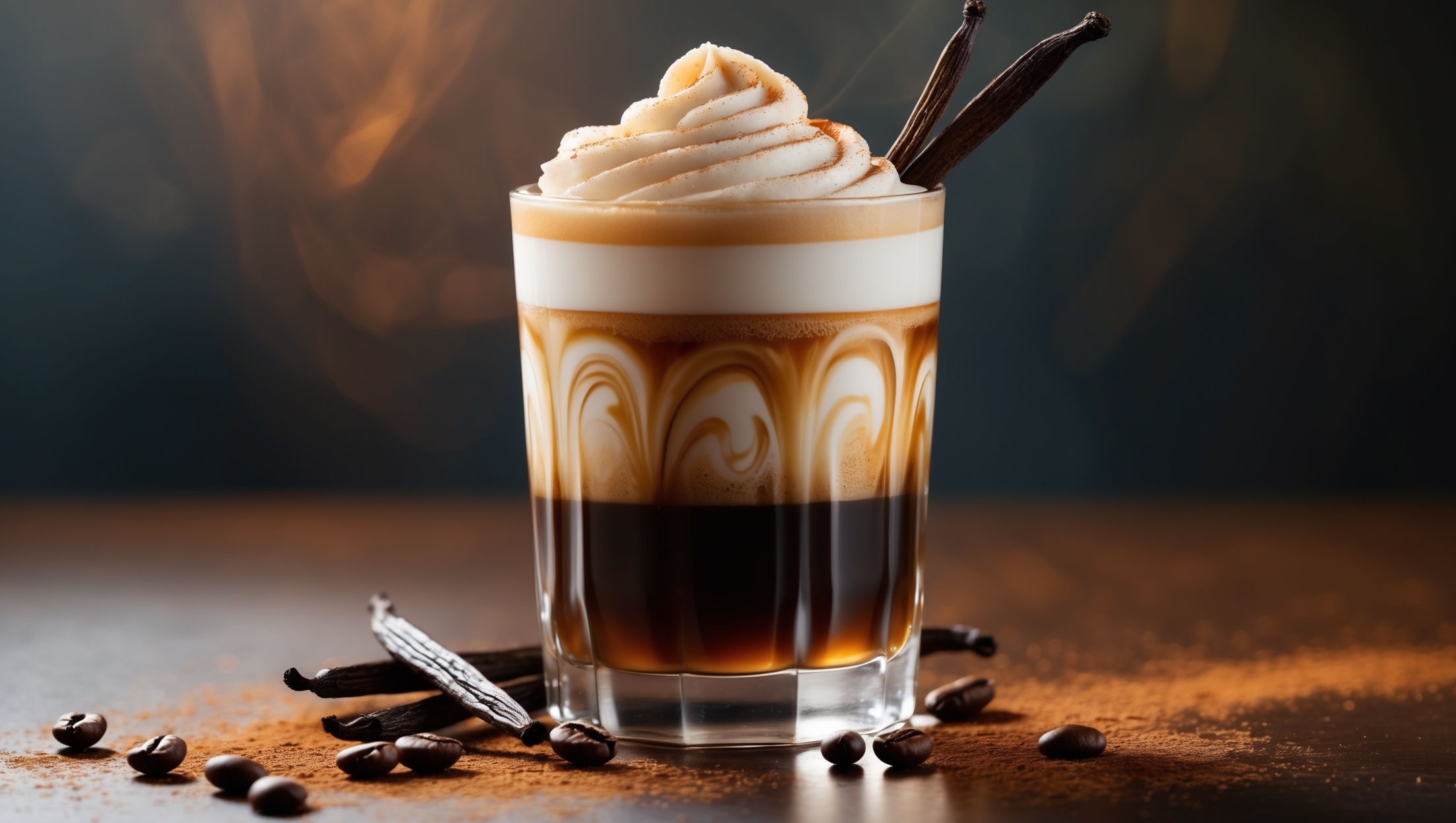 A frosted, high-ball glass filled with a two-toned vanilla latte cocktail, showcasing a rich dark coffee layer beneath a velvety cream top. Warm, diffused lighting highlights delicate swirls where coffee and cream meet, while carefully placed vanilla beans lean against the glass. Tiny coffee beans scatter around the base and a light dusting of cinnamon creates a rustic texture on the foam. Crystal-clear ice cubes peek through the amber-hued cocktail, catching light and creating depth against the dark espresso tones.