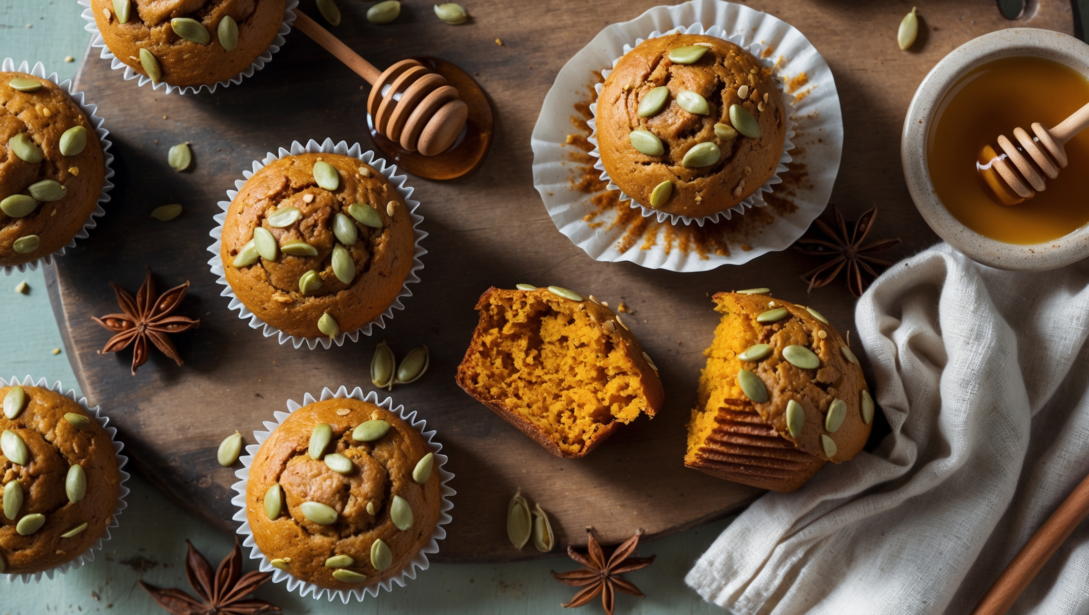 An overhead shot of rustic spiced pumpkin buckwheat muffins arranged on a weathered wooden board, some whole and one broken open to reveal a moist, speckled crumb with visible flecks of spices. Soft natural morning light creates gentle shadows, highlighting the slightly domed tops sprinkled with pumpkin seeds and a light dusting of cinnamon. A small ceramic bowl of honey with a wooden dipper, scattered cinnamon sticks, and star anise pods decorate the scene, while a linen napkin adds textural interest. The warm amber tones of the muffins contrast beautifully with the dark buckwheat speckles, showcasing their wholesome, rustic appeal.