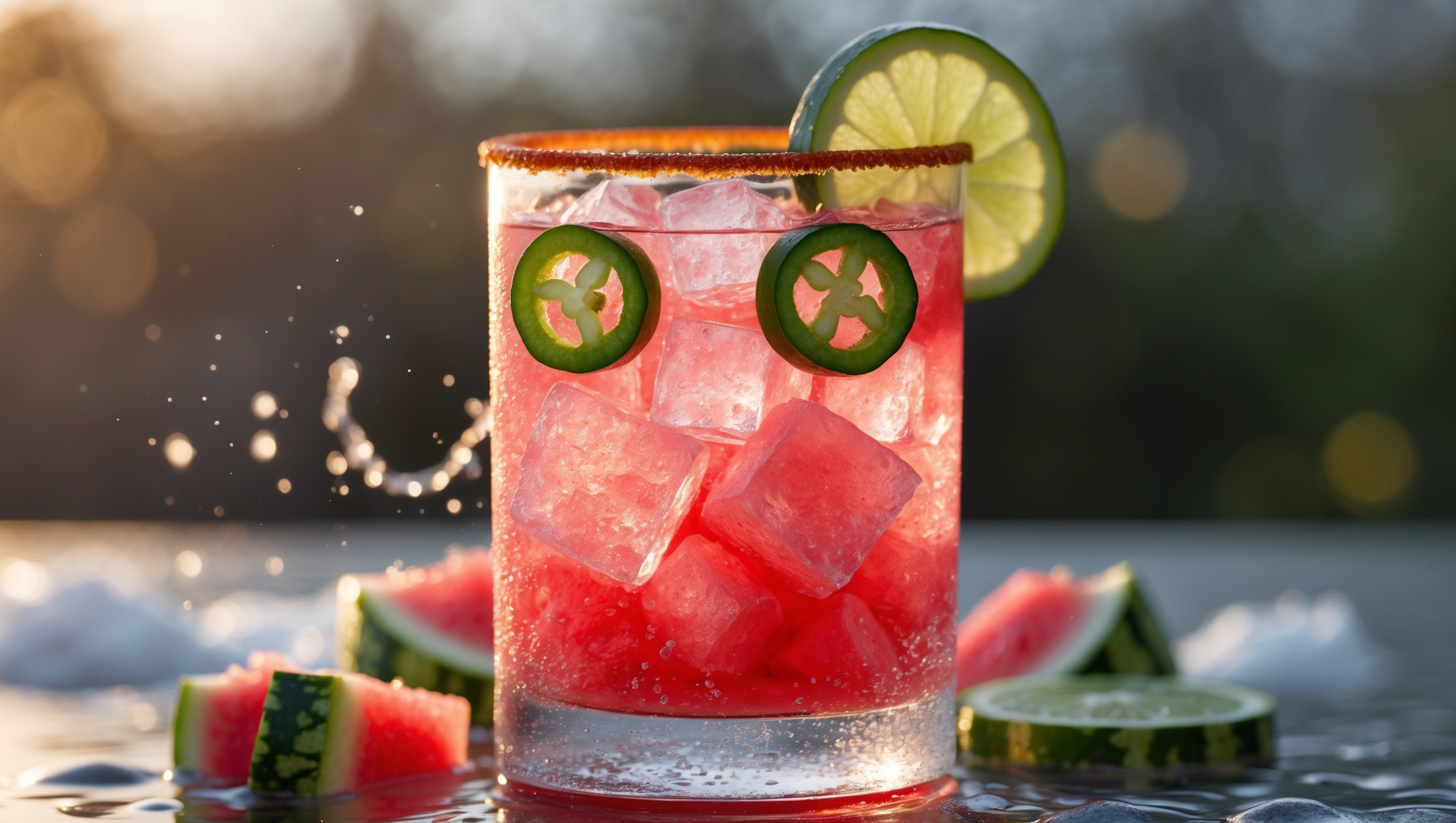 A tall collins glass showcases layers of vibrant red watermelon-infused liquid transitioning to a lighter pink, with chunks of fresh watermelon visible through crystal-clear ice. Captured under golden-hour lighting, the glass features a thin rim of Tajin spice that catches the light. A bright green jalapeño slice and watermelon wedge garnish rest on the rim, while condensation beads down the side of the glass, suggesting immediate refreshment. Lime wheels are visible bobbing between ice cubes, with a small splash of liquid captured mid-stir, highlighting the freshly muddled nature of this spicy-sweet cocktail.