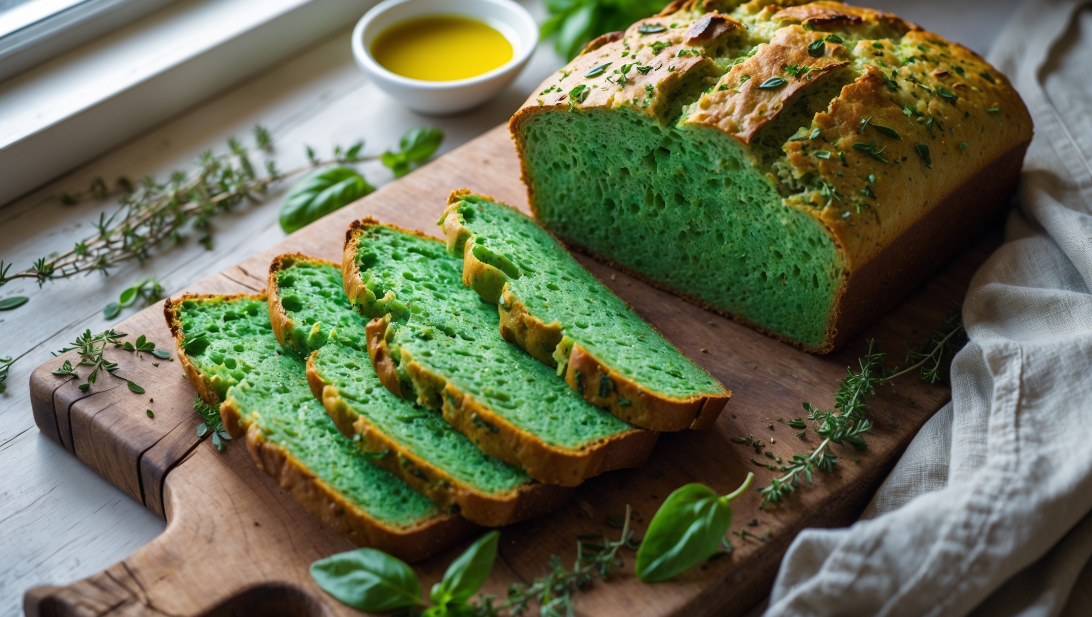 An overhead shot of a freshly sliced loaf of vibrant green spinach herb bread on a rustic wooden cutting board, with several slices fanned out to showcase the soft, pillowy texture studded with flecks of herbs. The bread's striking emerald crumb contrasts beautifully with its golden-brown crust, captured in soft natural light streaming through a kitchen window. Scattered fresh herbs—thyme, rosemary, and basil—surround the loaf alongside a small bowl of olive oil for dipping and a linen napkin, creating an inviting tableau that highlights the bread's artisanal quality and springtime appeal.