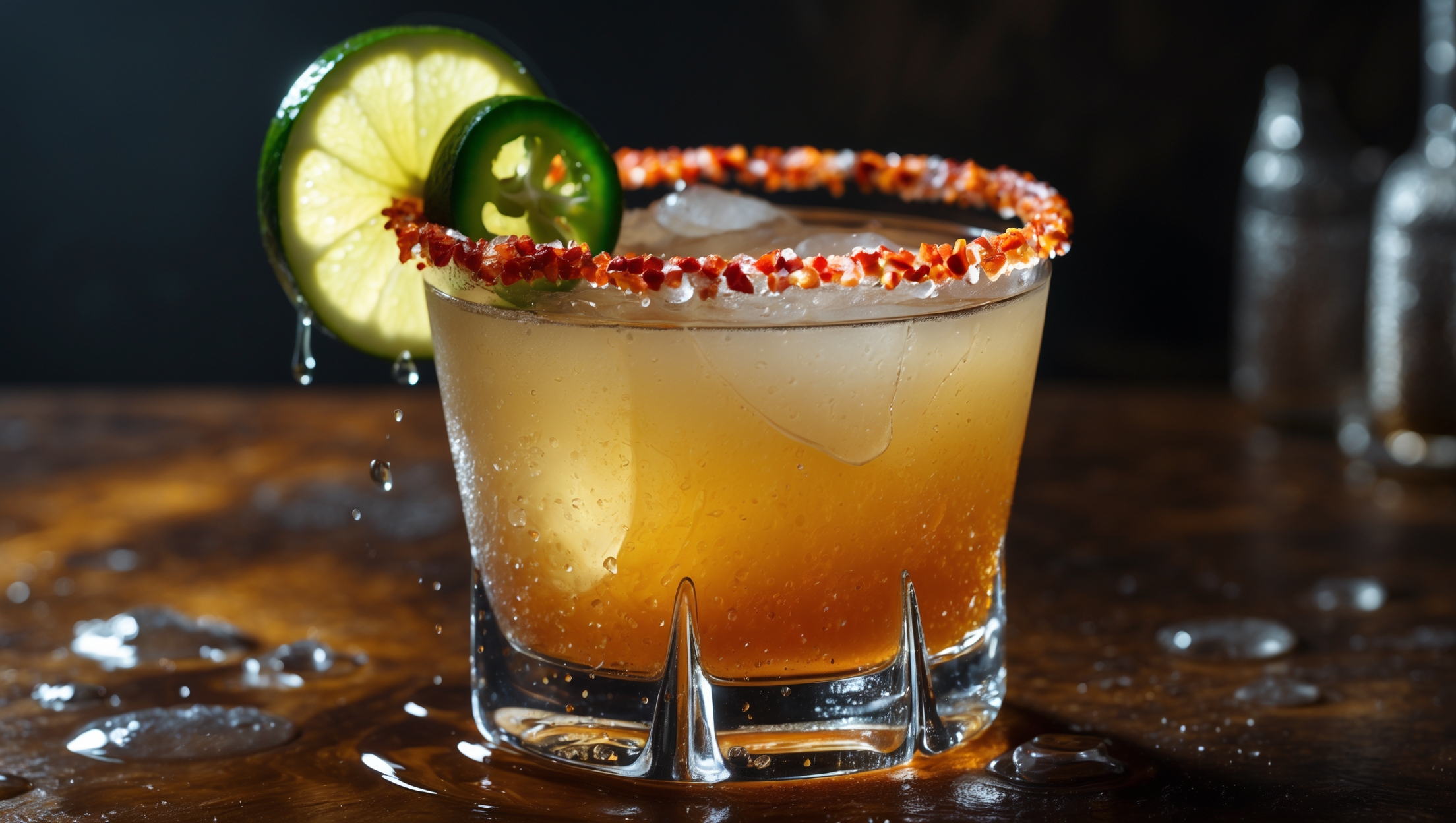 A Spicy Margarita captured in dramatic low lighting that accentuates the crystalline rim of Himalayan salt flecked with red chili flakes. The cocktail glows amber-gold in a hand-blown rocks glass, with melting artisanal ice cubes slowly diluting the vibrant mixture. A thinly sliced jalapeño floats on the surface while a lime wheel rests on the rim, its oils glistening in the light. Droplets of condensation run down the side of the glass, emphasizing the drink's refreshing chill against the warm, textured wood of a rustic bar counter. The scene conveys heat and coolness simultaneously - perfectly embodying the cocktail's contrasting flavor profile.