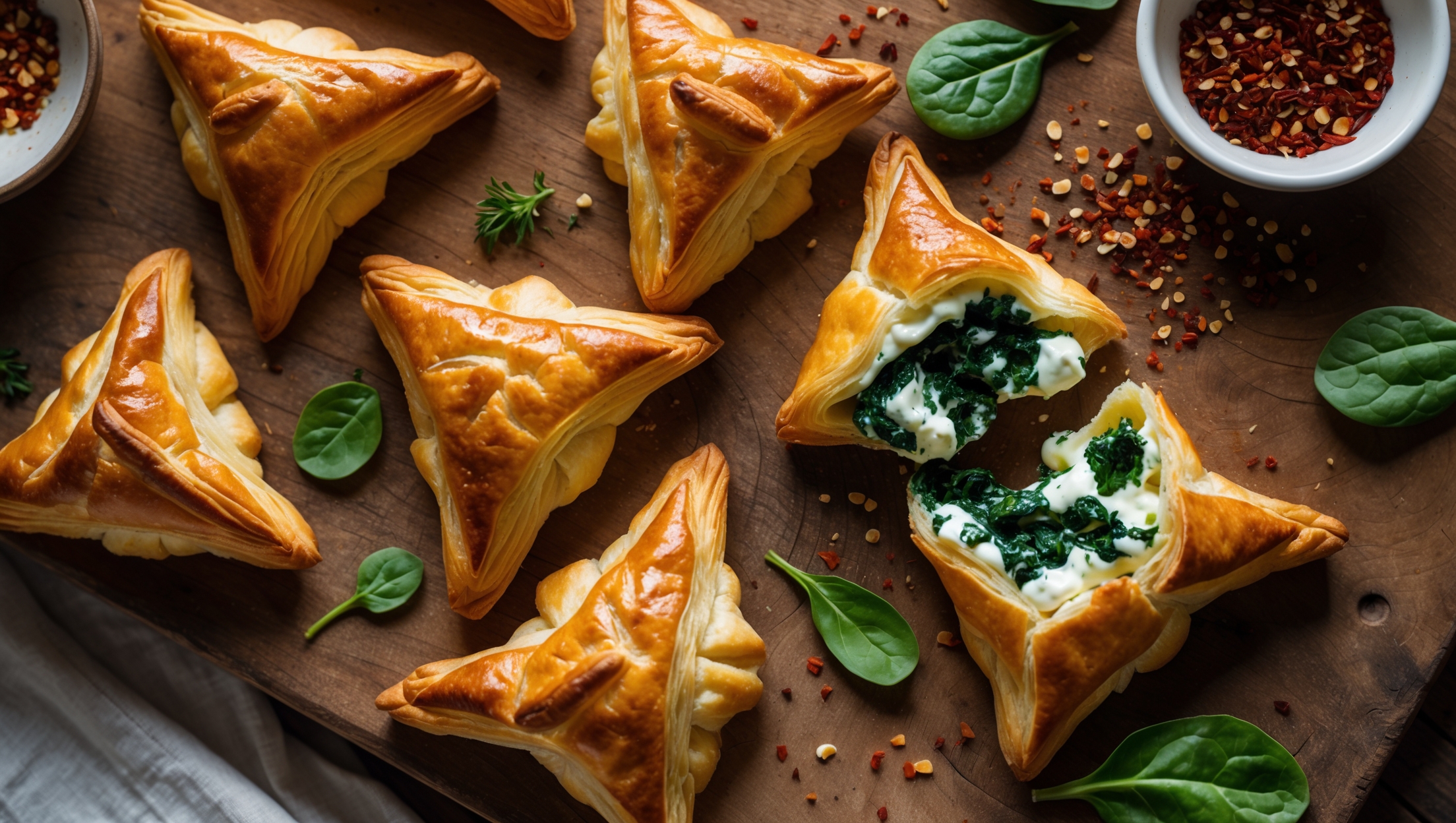 Overhead shot of golden-brown triangular pastry puffs arranged on a rustic wooden serving board, with one puff broken open to reveal the vibrant green spinach and creamy white ricotta filling. Soft natural light highlights the flaky, buttery layers of the pastry, creating delicate shadows that emphasize the texture. A small bowl of red pepper flakes sits nearby for optional sprinkling, while scattered fresh herbs and a few spinach leaves create visual context. The contrasting colors of the golden pastry, emerald filling, and cream-colored ricotta create an appetizing composition against the warm wood background.