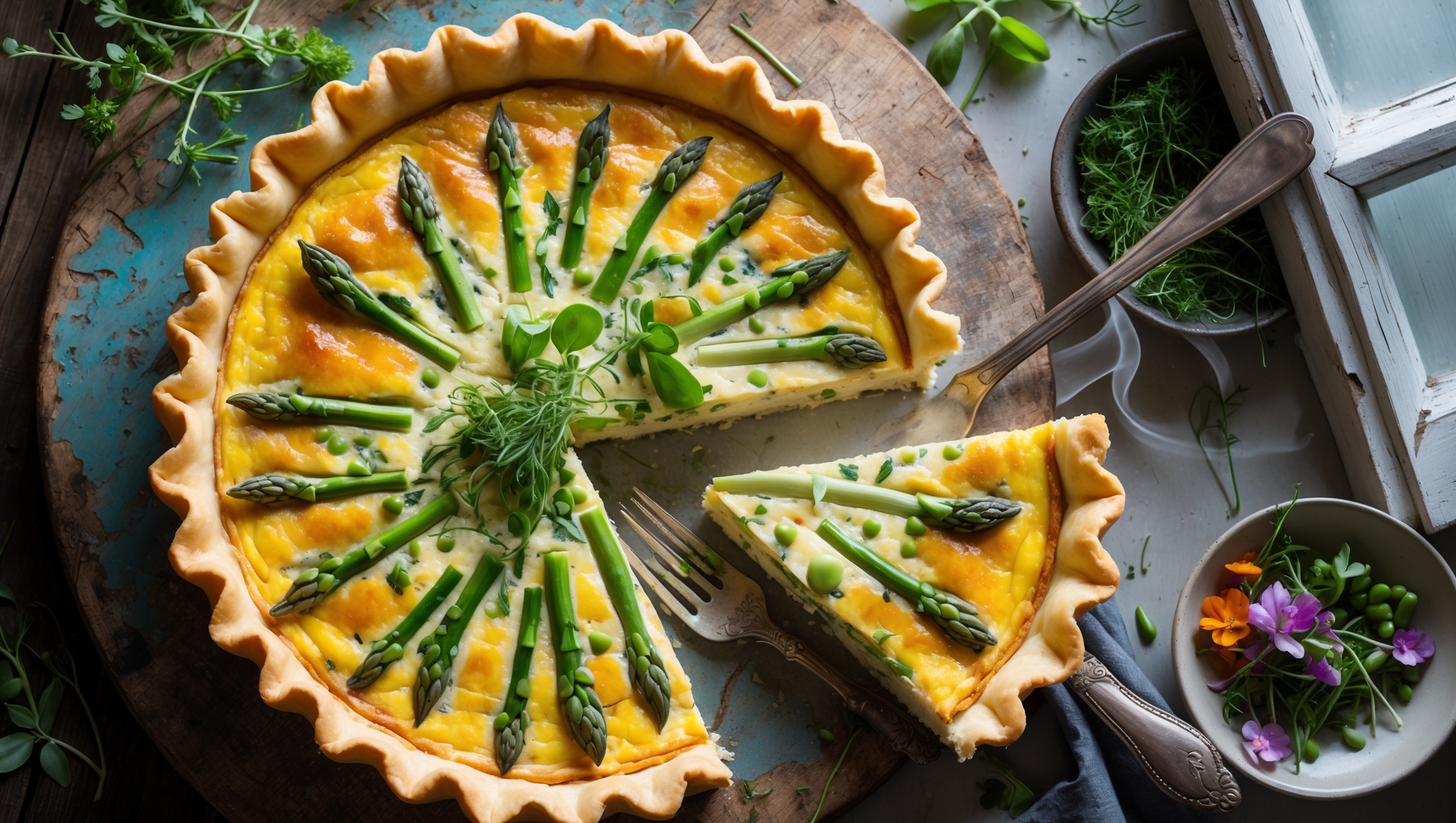 An overhead shot of a golden-brown Spring Vegetable Quiche resting on a weathered wooden board, with a slice being lifted to reveal the perfectly set custard interior speckled with vibrant green asparagus tips, sweet peas, and delicate leeks. The flaky, butter-rich crust catches the soft natural light streaming through a nearby window, while scattered fresh herbs and edible flowers surround the dish. A vintage cake fork rests beside the quiche, and a small bowl of mixed spring salad adds complementary color to the composition. Steam gently rises from the freshly cut portion, highlighting the quiche's warm, inviting nature.