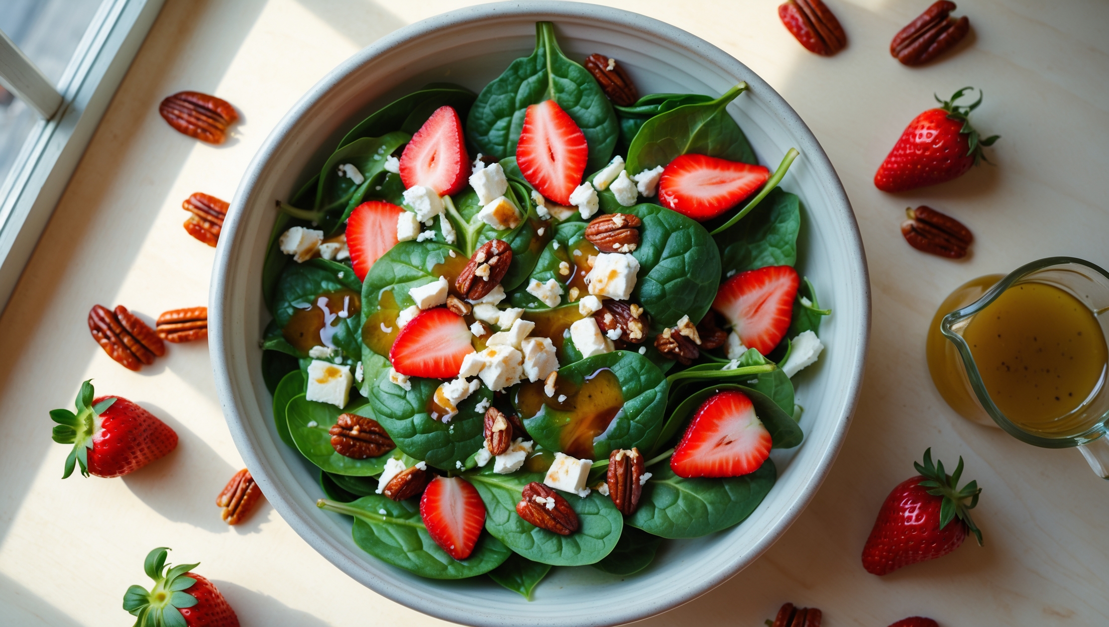 An overhead shot of a vibrant green spinach salad served in a wide, shallow white ceramic bowl against a light wooden table. Bright red strawberry slices and crumbled white feta create striking color contrast against the dark spinach leaves, while candied pecans add texture and warm brown tones. Glistening honey balsamic dressing has been drizzled across the top, catching the soft natural light streaming through a nearby window. Several ingredients like whole strawberries and spinach leaves are artfully scattered around the bowl, with a small glass cruet of extra dressing visible at the edge of the frame, suggesting freshness and homemade quality.