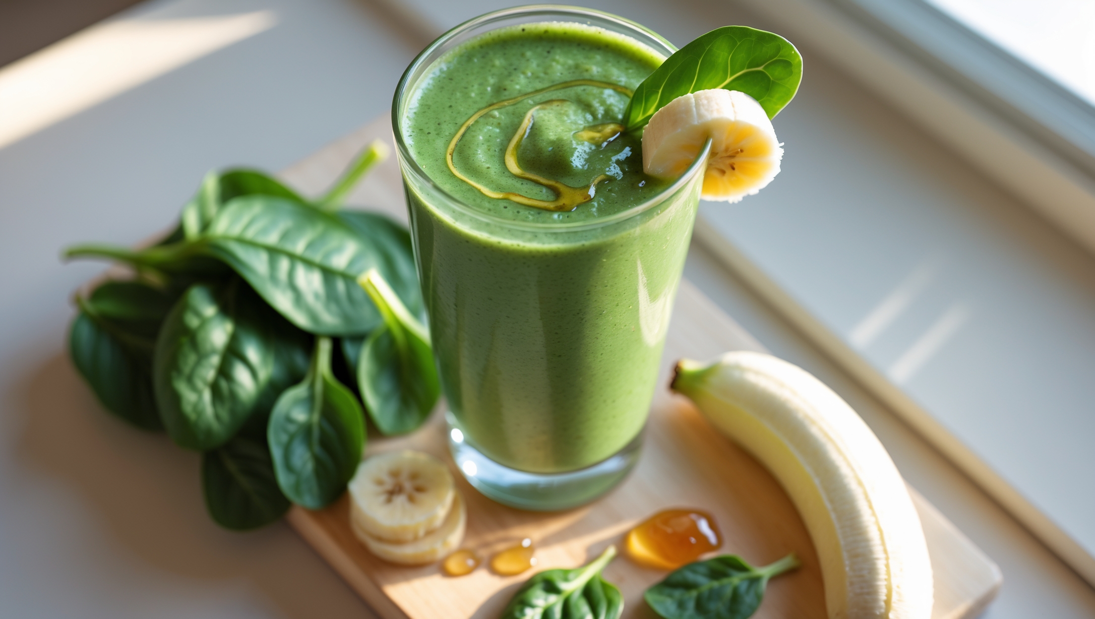 An overhead shot of a tall, clear glass filled with a vibrant green smoothie, showing the silky-smooth texture with tiny flecks of spinach visible throughout. A swirl of honey drizzles down the inside of the glass, catching the soft natural light streaming in from a nearby window. The smoothie is garnished with a single banana slice perched on the rim and a few fresh spinach leaves artfully arranged beside the glass on a light wooden serving board. Scattered around the base are ingredients in their raw form – a bunch of fresh spinach, a peeled banana, and a small jar of honey – creating a story of the smoothie's wholesome components.