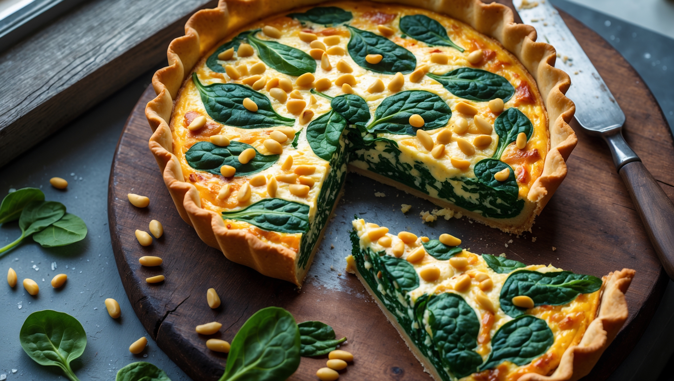 Overhead shot of a golden-brown Spinach and Pine Nut Quiche on a rustic wooden board, with a slice being lifted to reveal its perfectly set custard interior studded with vibrant green spinach and toasted pine nuts. The flaky pastry edge catches the soft natural light streaming through a nearby window, highlighting its buttery layers. Small pine nuts are scattered artistically around the board alongside fresh spinach leaves, while a vintage cake knife rests beside the quiche. The warm, inviting colors of the golden crust contrast beautifully with the deep green filling, and wisps of steam suggest it's freshly baked.