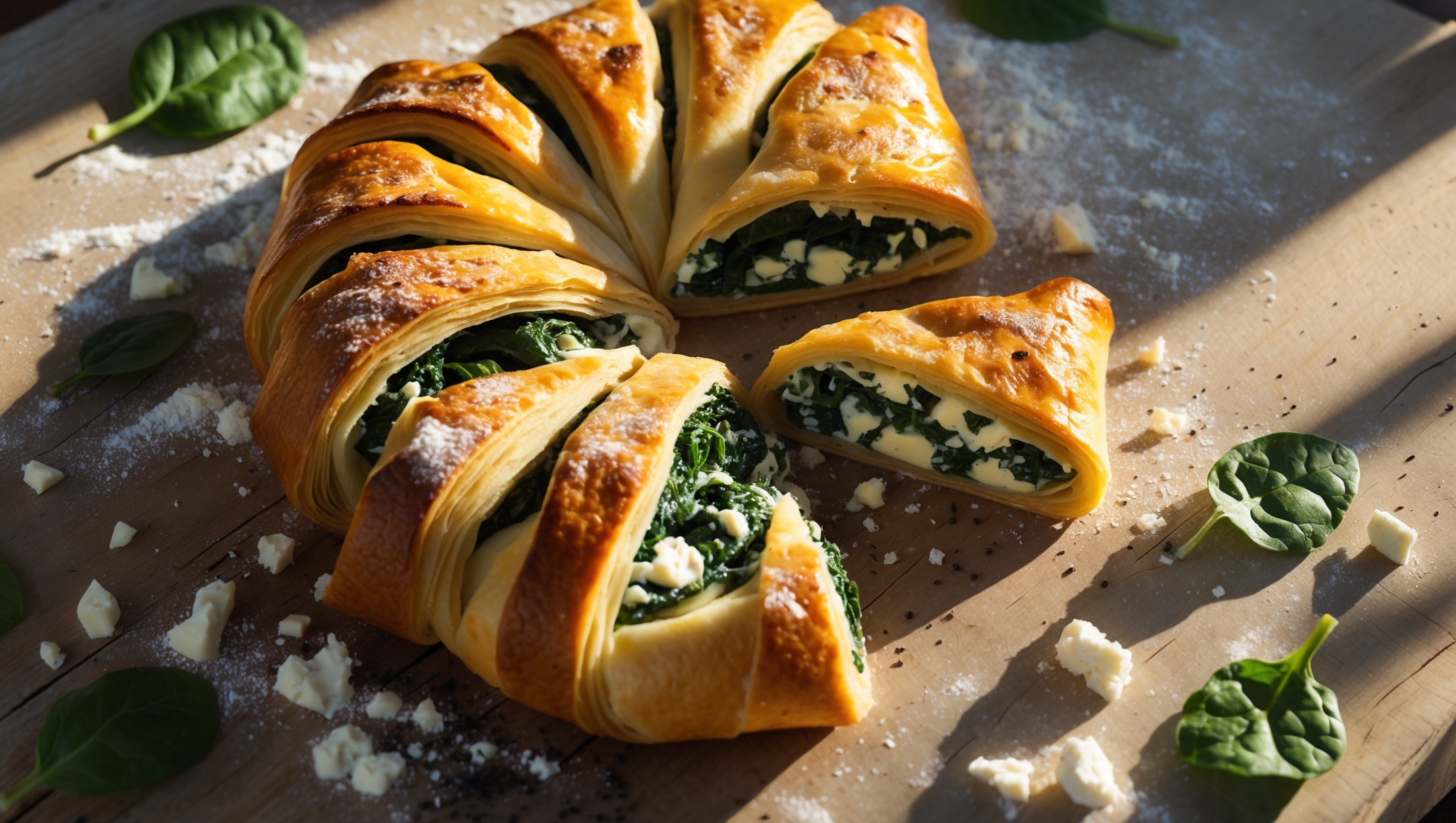 An overhead shot of the Spinach and Cheese Strudel showcasing its golden-brown, flaky exterior with a few slices cut to reveal the vibrant green spinach and melted cheese filling. Soft natural light streams in from the side, highlighting the delicate layers of pastry and creating subtle shadows that emphasize the strudel's texture. The pastry sits on a rustic wooden board with fresh spinach leaves and crumbled feta scattered artfully around the edges. A light dusting of flour and a sprinkling of black pepper add visual interest, while the cross-section reveals the perfect ratio of filling to pastry, with steam still rising from the freshly baked creation.