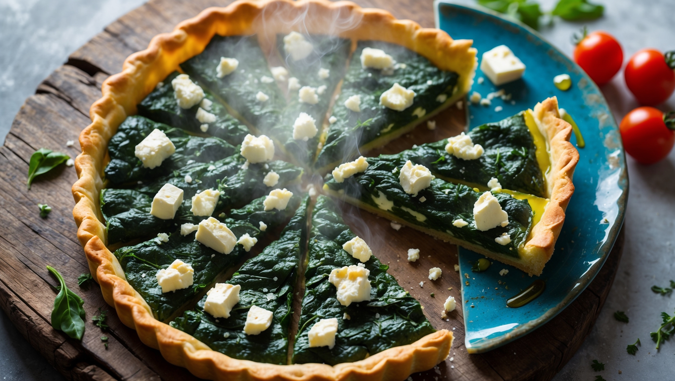 An overhead shot captures this rustic Spinach and Feta Tart displayed on a weathered wooden board, with soft natural light highlighting its golden, flaky pastry edges. The cross-section reveals layers of vibrant green spinach filling studded with crumbled white feta cheese. Steam gently rises from a freshly cut slice, revealing the moist, herb-flecked interior against the crisp base. Scattered fresh herbs, cherry tomatoes, and a drizzle of olive oil surround the tart, while a vintage blue ceramic plate holds a perfectly portioned slice, showcasing the contrast between the buttery crust and the bright filling.