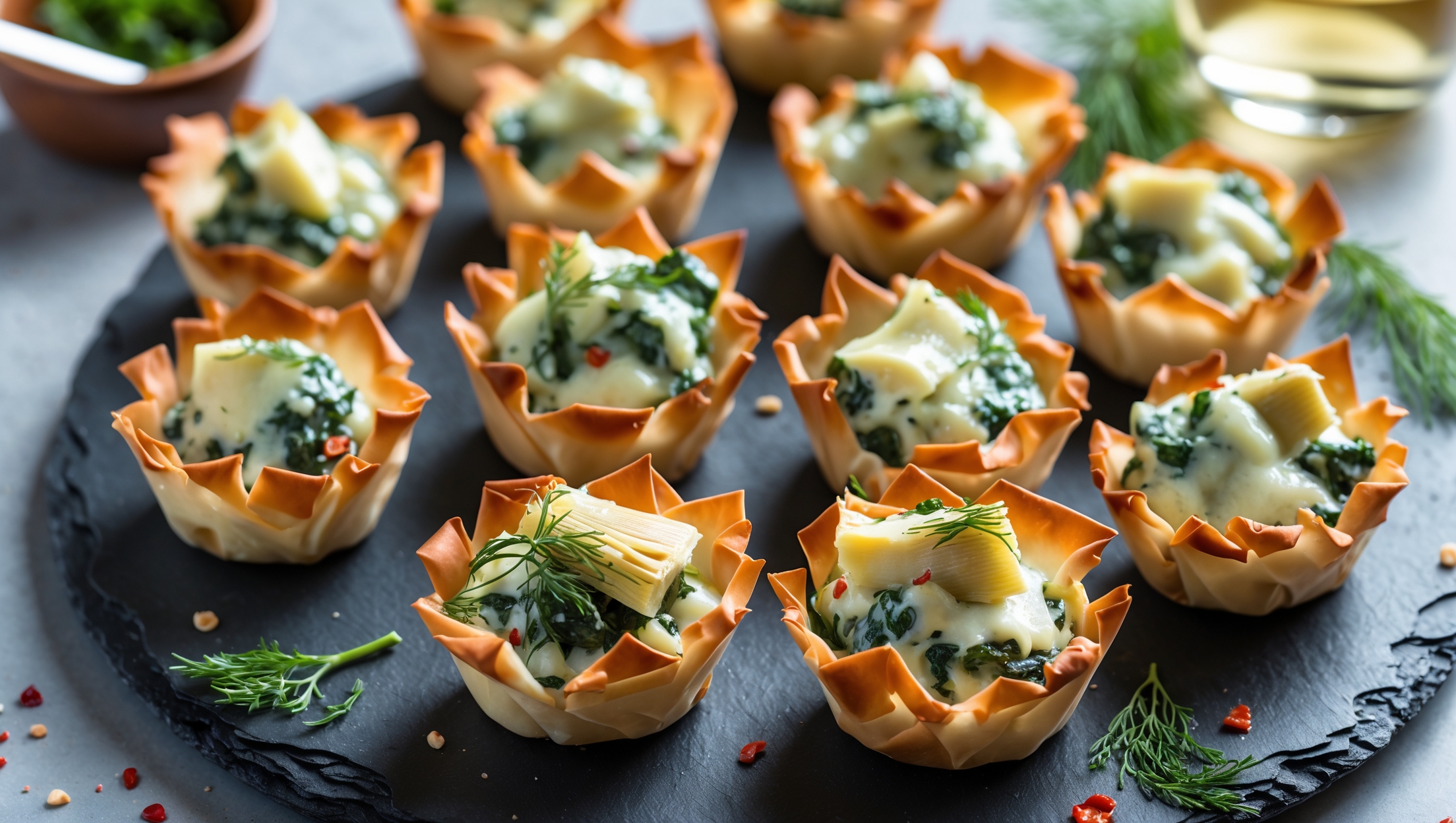An overhead shot of perfectly golden-brown phyllo cups arranged on a sleek slate serving platter, each filled with a vibrant green spinach and creamy artichoke mixture crowned with melted cheese. Soft natural light highlights the flaky, buttery layers of the phyllo pastry and the appetizing bubbling cheese topping. A close-up reveals the delicate crisp edges of the cups contrasting with the rich, creamy filling. Several cups are garnished with tiny red pepper flakes and fresh dill sprigs, while others reveal visible bits of artichoke hearts. In the background, a small bowl of extra filling and a glass of white wine suggest an elegant appetizer setting.