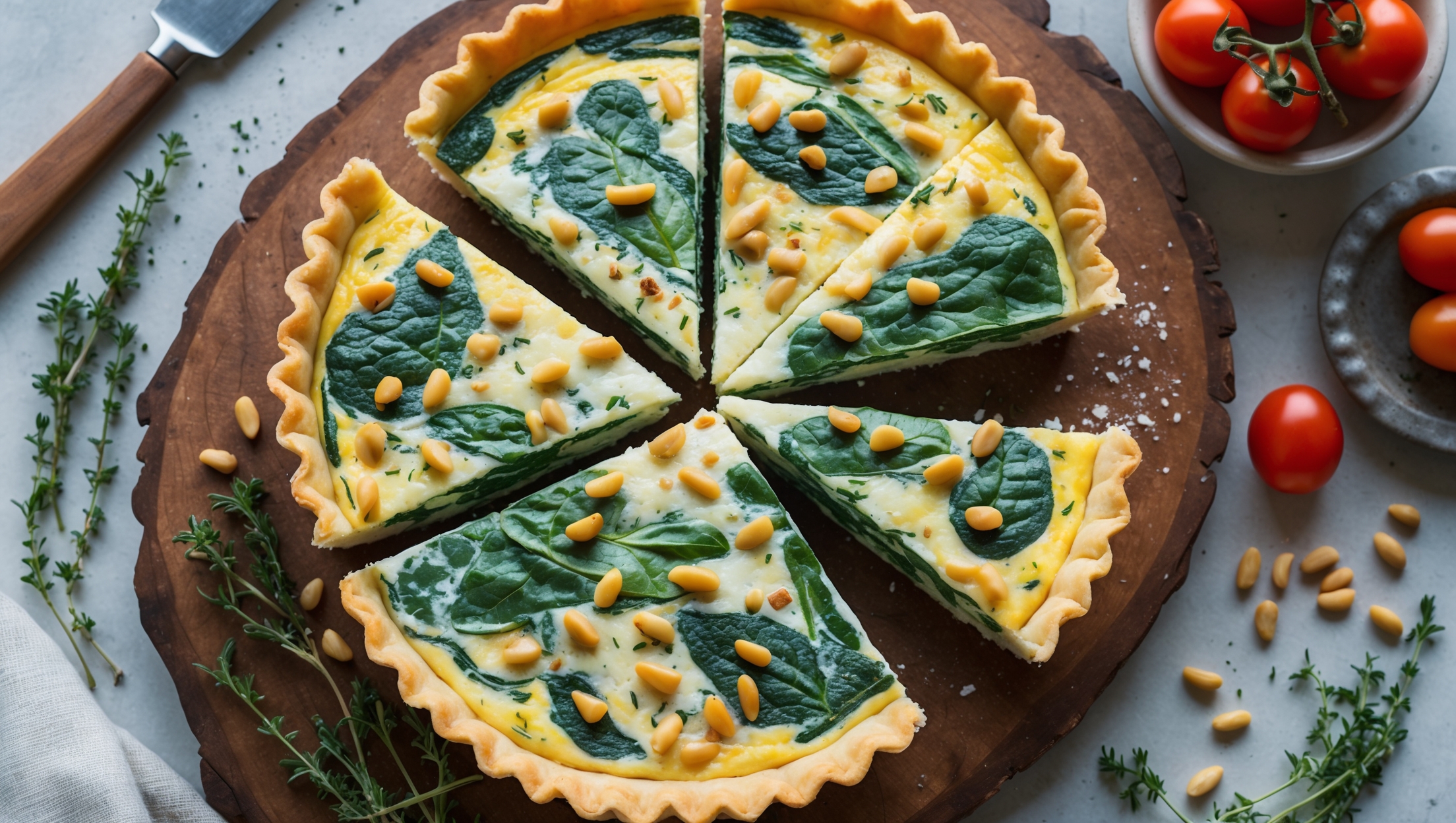 An overhead shot of a golden-brown Spinach and Ricotta Quiche, its surface delicately speckled with herbs and toasted pine nuts, showcasing perfect knife-cut slices revealing layers of vibrant green spinach folded through creamy white filling. The quiche is presented on a rustic wooden board with fresh thyme sprigs scattered around, a small bowl of cherry tomatoes to one side, and a scattering of extra pine nuts. Soft natural light streams in from a nearby window, highlighting the flaky texture of the pastry edge and the silky, just-set center that promises a perfect bite.