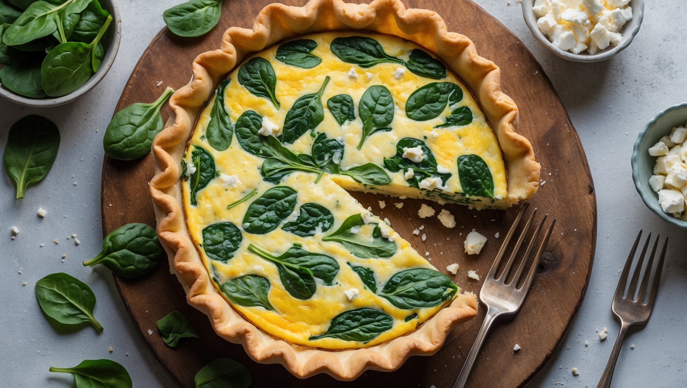 Overhead shot of a golden-brown Spinach and Feta Quiche with a perfectly flaky crust, showcasing vibrant green spinach speckled throughout the pale yellow egg filling. A slice has been removed to reveal the moist interior studded with crumbles of white feta. Captured in soft natural light on a rustic wooden board with scattered fresh spinach leaves and a small bowl of crumbled feta nearby. A vintage fork rests alongside the quiche, ready for serving, while steam gently rises from the freshly baked surface, hinting at its warm, inviting temperature.