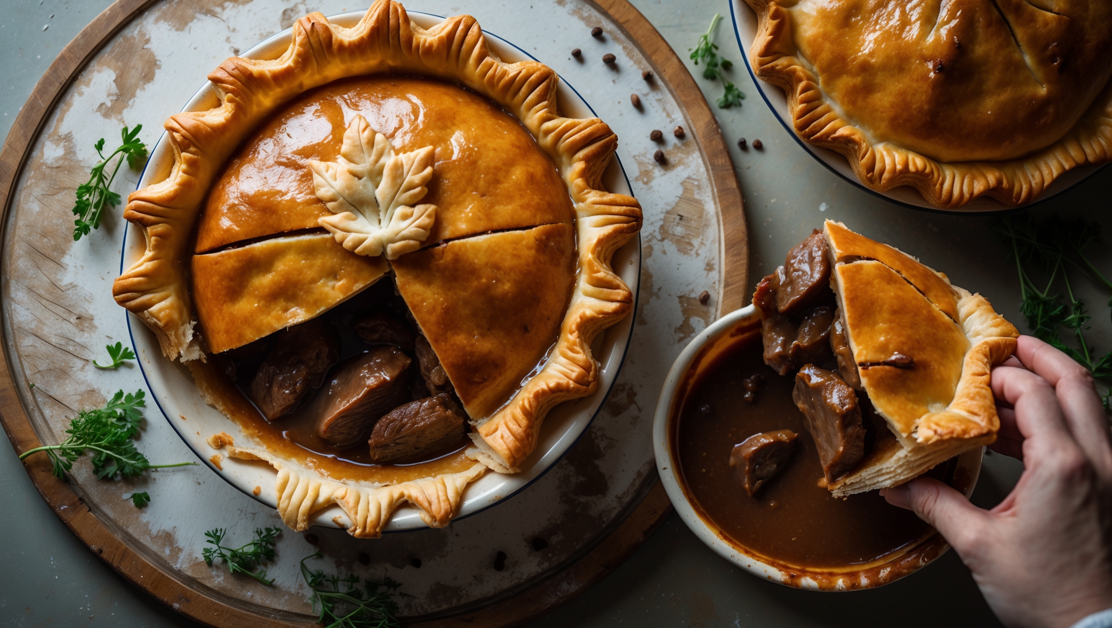 An overhead shot of a rustic, golden-brown Steak and Kidney Pie with a perfectly crimped edge and a decorative pastry leaf in the center, steam escaping from a small vent hole. The pie is photographed in soft, natural light on a weathered wooden board, with a slice being lifted to reveal the rich, glossy gravy and tender meat chunks inside. A vintage enamel pie dish holds the creation, surrounded by scattered fresh herbs and peppercorns. The cross-section displays the distinct layers of flaky pastry and the deep brown filling, with the succulent meat pieces clearly visible in the thick, savory gravy.