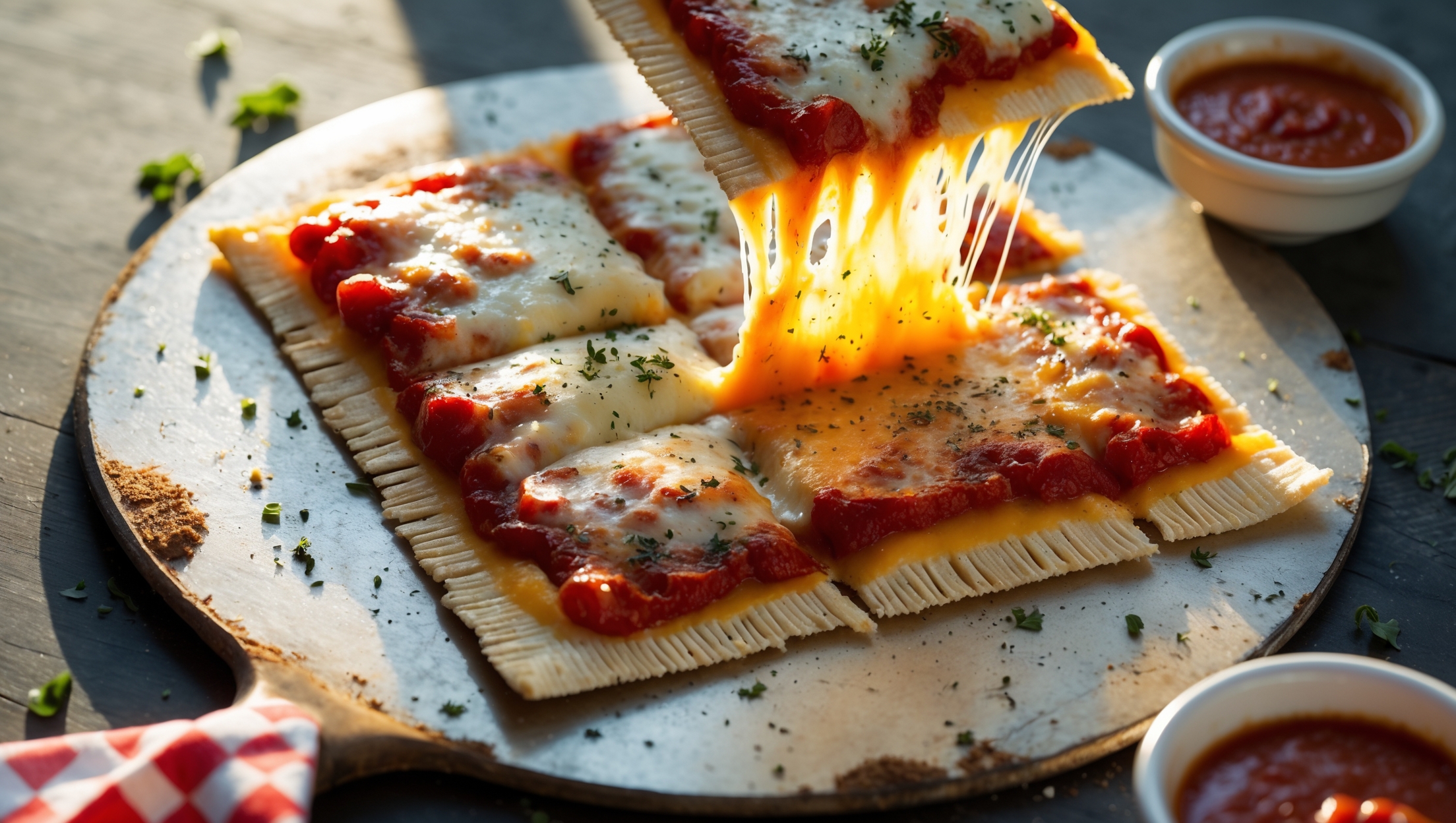 An overhead shot showcases a perfectly square-cut St. Louis-style pizza on a worn pizza peel, its paper-thin crust supporting a vibrant layer of sweet tomato sauce and bubbling melted Provel cheese that stretches when a piece is lifted. Golden afternoon light accentuates the crisp, cracker-like edges of the crust contrasting with the glistening cheese. The scene includes scattered oregano, a small bowl of additional sauce for dipping, and a vintage checkered napkin in the corner – capturing the casual, family-style presentation typical of this regional specialty.