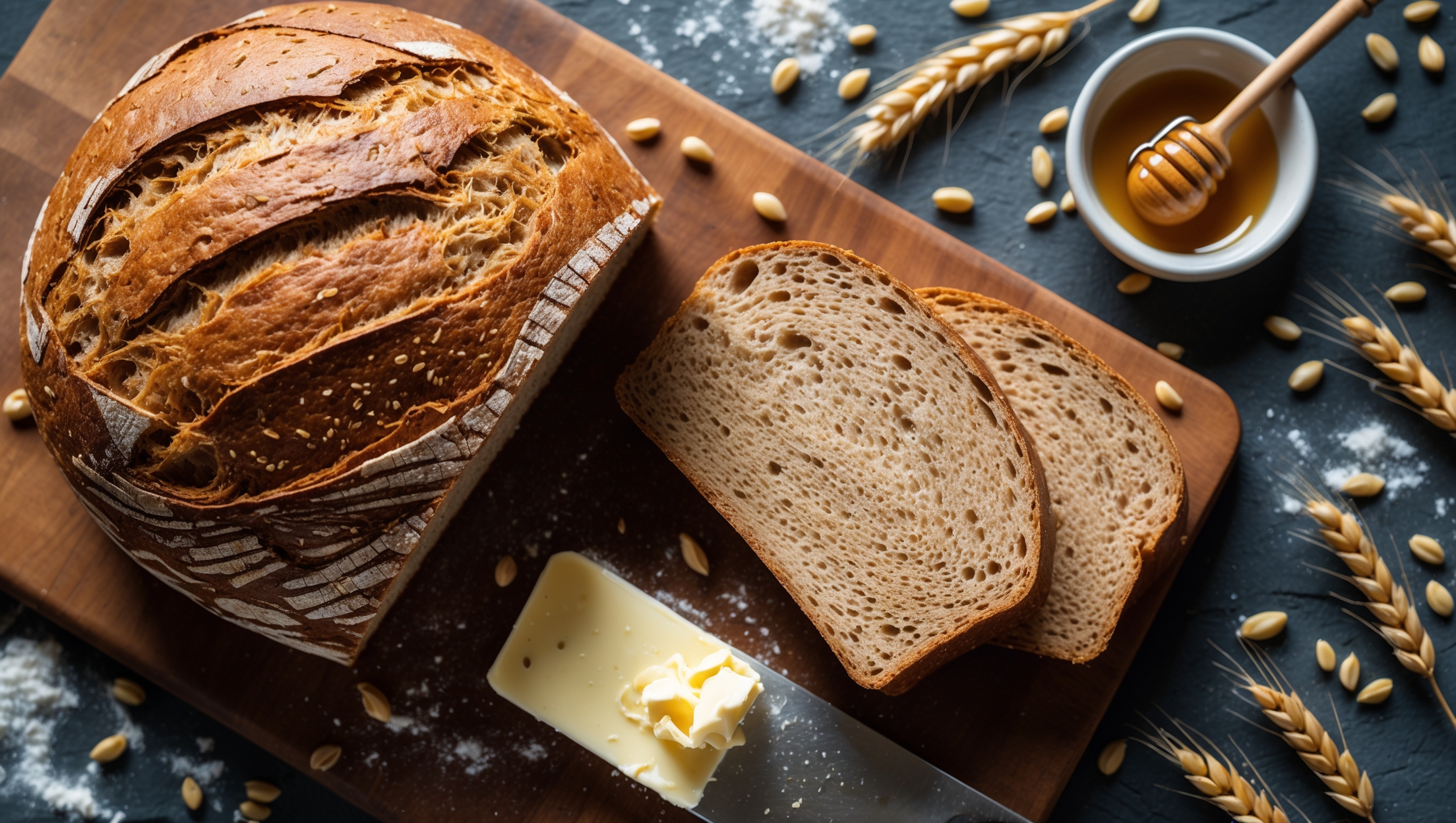 An overhead shot of a freshly sliced sprouted wheat loaf on a rustic wooden board, captured in soft morning light highlighting its golden-brown crust and moist, tender interior. A cross-section view reveals the bread's even crumb structure with tiny visible sprouted grain specks throughout. Scattered wheat berries and a light dusting of flour create textural interest around the scene, while a small pot of honey and a butter knife with a curl of cultured butter sit alongside, suggesting serving possibilities. The warm, earthy tones of the bread contrast beautifully with the cool slate surface beneath the cutting board, emphasizing the bread's artisanal quality and wholesome character.