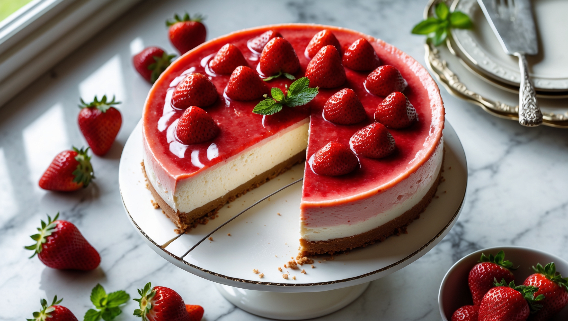 An overhead shot of a perfectly set strawberry cheesecake on a white ceramic cake stand, with a slice being removed to reveal the creamy vanilla filling and crisp biscuit base. Soft natural light streams in from a side window, highlighting the glossy strawberry topping where whole berries nestle in a ruby-red glaze. The surface shows delicate knife marks where slices have been portioned, with a few fresh strawberries and mint leaves artfully scattered nearby. The background features a marble countertop with a vintage silver cake server and a small bowl of additional fresh strawberries, creating an elegant yet inviting scene that showcases the dessert's vibrant colors and contrasting textures.