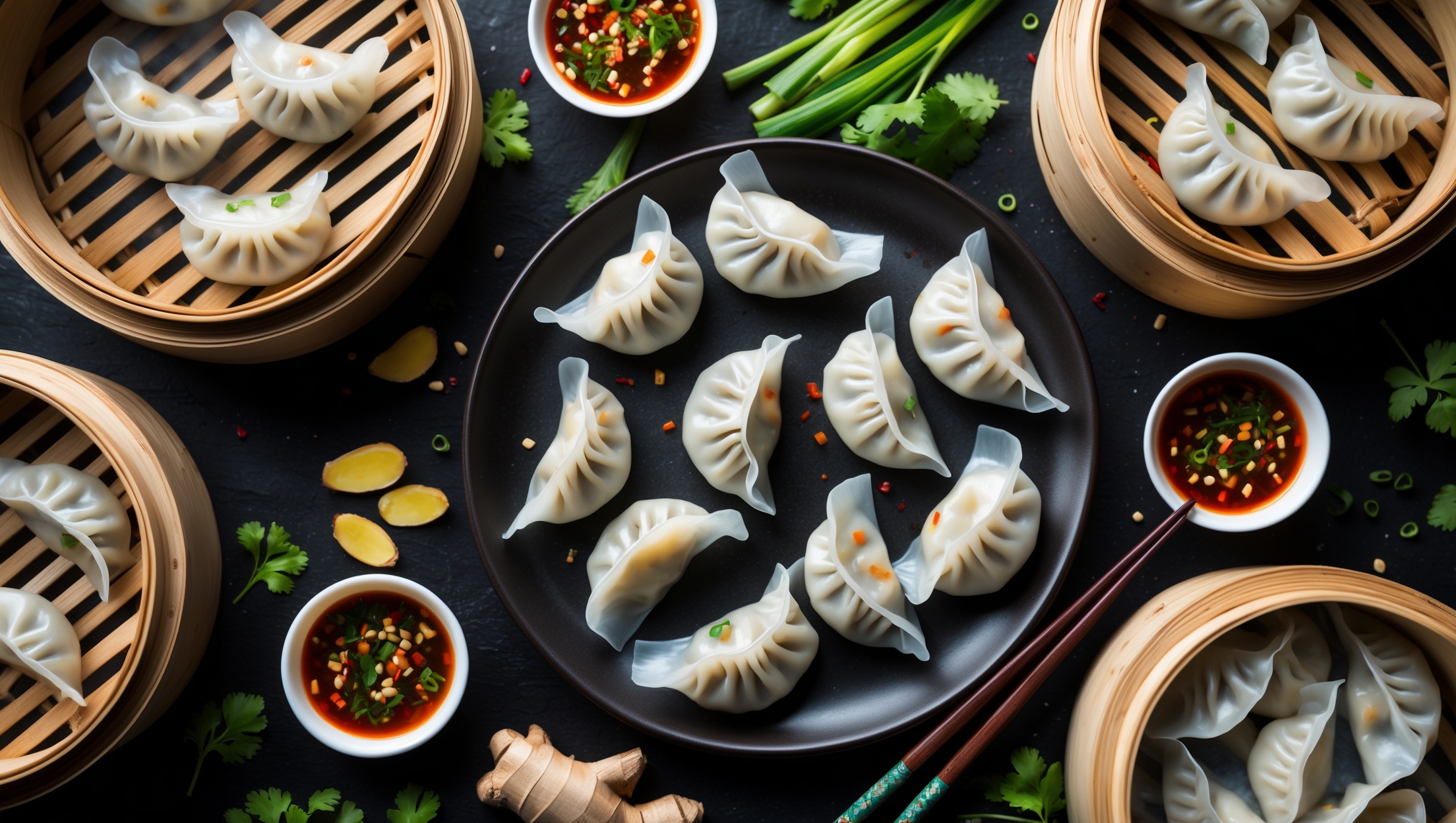 Overhead shot of bamboo steamer baskets filled with translucent steamed dumplings, their delicate pleated folds visible through the wisps of rising steam. Soft natural light highlights the dumplings' glossy skins and the peeking bits of colorful filling within. Several dumplings are arranged on a dark ceramic plate alongside small dishes of dipping sauce flecked with chili, sesame seeds and minced herbs. Scattered around are fresh ingredients used in the filling - green onions, ginger, and coriander leaves - adding vibrant color contrast to the scene. Chopsticks rest casually across one corner of the plate, inviting the viewer to taste these handmade parcels of joy.