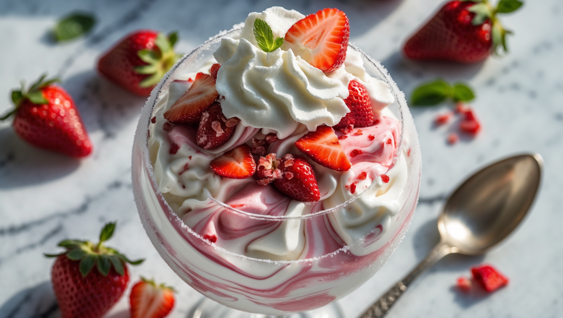 An overhead shot of a parfait glass filled with layers of pale pink frozen strawberry mixture and pure white cream swirled together. A cross-section view reveals the beautiful marbling effect throughout. The dessert is topped with a cloud of whipped cream, fresh strawberry slices, and a light dusting of crushed freeze-dried strawberries. Soft natural lighting highlights the frosty condensation on the glass, while the background features scattered fresh strawberries and mint leaves on a white marble surface. A vintage silver spoon rests alongside, partially dipped in the creamy mixture.