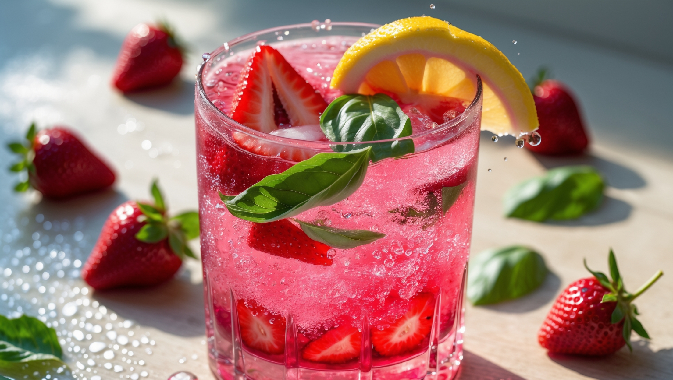An elegant highball glass filled with a vibrant pink-red liquid, photographed in bright natural daylight that illuminates the layered colors within. Fresh strawberry slices float at the top alongside torn basil leaves, creating a striking color contrast between the deep red berries and verdant herbs. Crushed ice catches the light, creating sparkling highlights throughout the drink. A lemon wheel garnish rests on the rim, and condensation beads form on the outside of the glass, suggesting refreshing coolness. The mocktail sits on a light wooden table with additional fresh strawberries and basil sprigs artfully scattered nearby, hinting at the key ingredients in this revitalizing summer beverage.