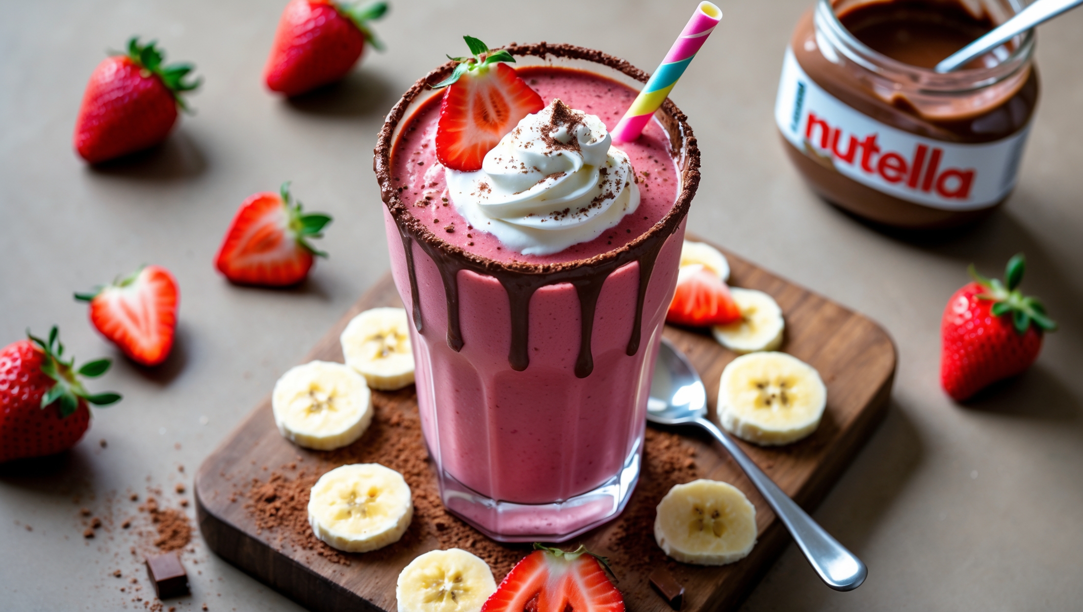 An overhead shot of a tall, clear glass filled with a vibrant pink-tinged chocolate smoothie, showing swirls of Nutella visible along the inside of the glass. The smoothie is topped with a dollop of whipped cream and garnished with fresh strawberry slices and banana chips. A wooden board beneath holds scattered fresh strawberries, banana slices, and a small jar of Nutella with a spoon resting against it. Soft natural light streams in from the side, highlighting the contrast between the smooth texture of the drink and the glossy Nutella drizzle decorating the rim. A colorful striped paper straw stands in the glass, surrounded by a light dusting of cocoa powder.