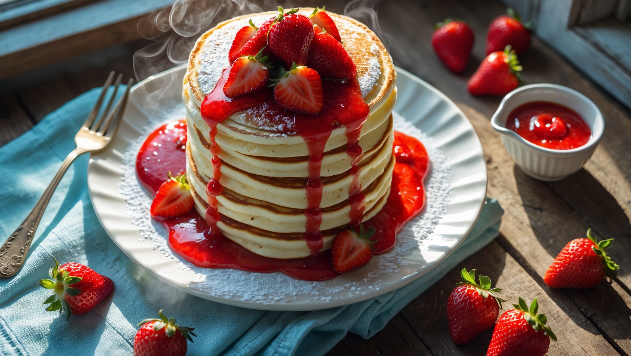 An overhead shot of a towering stack of golden pancakes on a white ceramic plate, with cream cheese swirls visible throughout each layer. A generous pour of vibrant red strawberry sauce cascades down the sides, pooling slightly on the plate. Fresh whole and halved strawberries are arranged around and atop the stack, with a light dusting of powdered sugar catching the soft morning light streaming through a nearby window. A vintage silver fork rests beside the plate, which sits atop a light blue linen napkin on a rustic wooden table. Steam gently rises from the warm pancakes, with a small pitcher of additional strawberry sauce and a small bowl of cream cheese beside the main plate.