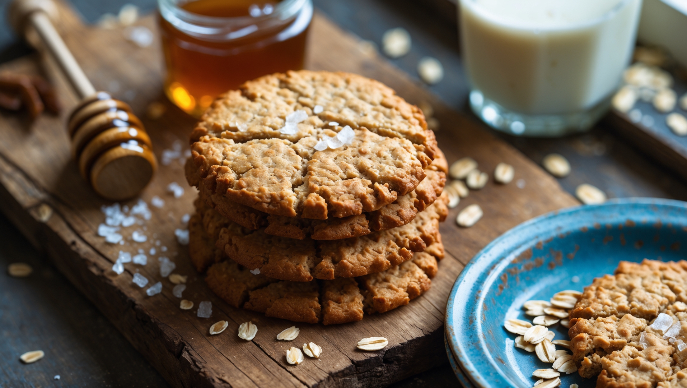 An overhead shot captures a rustic wooden board holding a stack of golden-brown steel cut oat cookies with visible oat pieces creating gorgeous texture. A cross-section view reveals the perfect balance of chewy center and crisp edges. Soft natural light streams in from a nearby window, highlighting the caramelized edges and the scattered sea salt flakes on top. A small jar of honey with a wooden dipper, a scattering of whole steel cut oats, and a vintage blue ceramic plate create visual interest. A glass of milk stands slightly blurred in the background, suggesting the perfect pairing for these hearty, wholesome cookies.