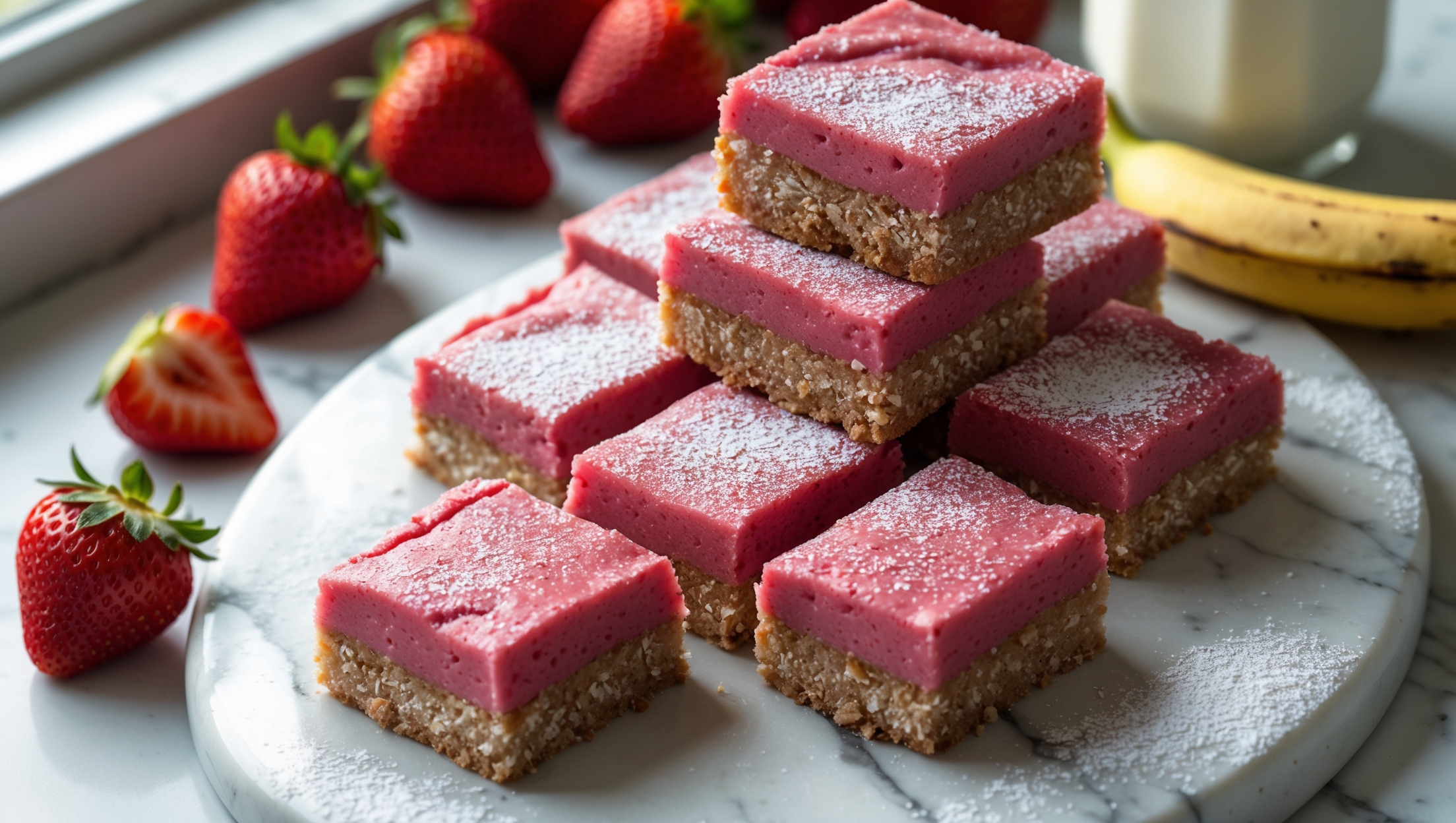 An overhead shot of perfectly cut Strawberry Banana Smoothie Bars arranged on a white marble serving board, with one bar slightly pulled away revealing its layered structure. Soft natural light streams in from a nearby window, highlighting the vibrant pink-hued filling studded with tiny strawberry specks. The golden-brown oat crust provides a beautiful contrast against the smooth, jammy middle layer. In the background, fresh strawberries and a sliced banana are artfully scattered alongside a vintage milk bottle filled with cream. A light dusting of powdered sugar on the bars catches the light, giving them a glistening finish that emphasizes their moist, dense texture.