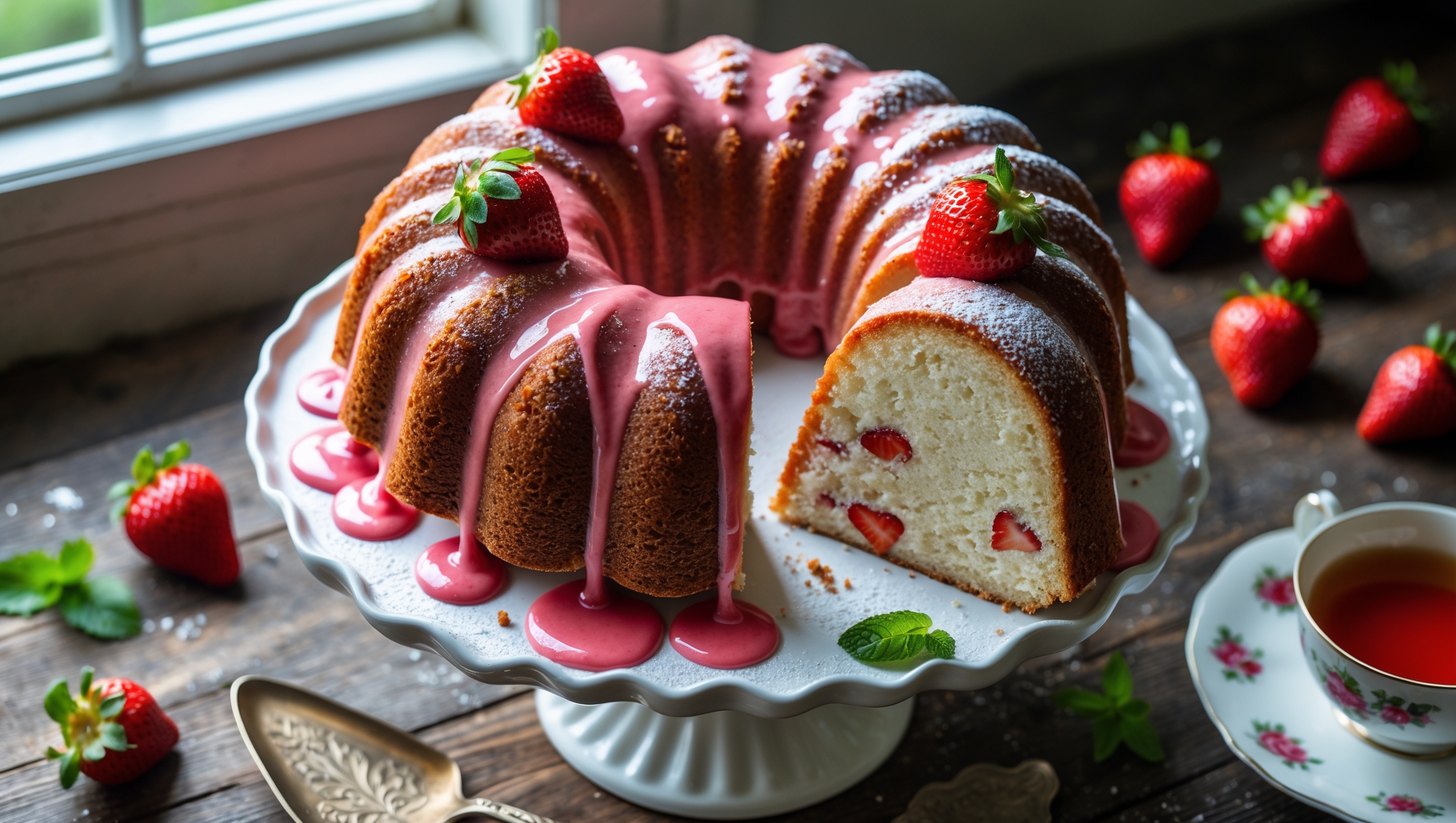 An overhead shot captures a perfectly formed Strawberry Bundt Cake on a vintage white pedestal cake stand, its deeply golden crust creating beautiful ridges and valleys. Natural window light highlights the glossy pink strawberry glaze as it cascades down the cake's curves, pooling delicately at the base. A cross-section slice reveals the cake's moist, tender crumb studded with vibrant red strawberry pieces. Fresh whole strawberries and scattered mint leaves decorate the presentation, while a sprinkling of powdered sugar adds dimension. The warm, inviting scene is completed with a rustic wooden table, antique silver cake server, and a cup of tea, suggesting a perfect afternoon treat.