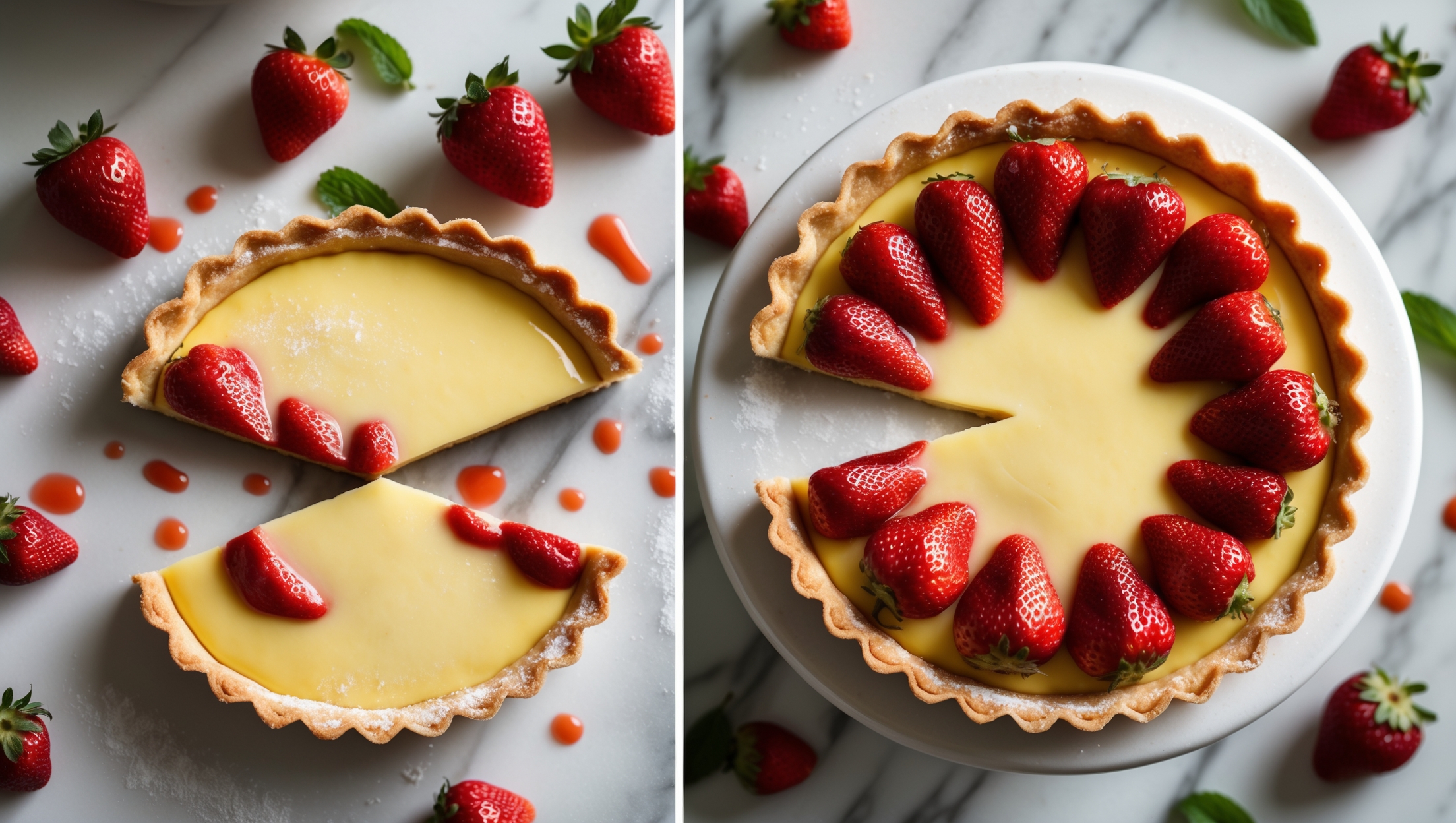 An overhead shot of a perfectly golden-brown tart with a scalloped edge, filled with sunshine-yellow vanilla custard and topped with symmetrically arranged glazed strawberries that glisten under soft natural light. The cross-section view reveals a crisp, thin pastry case supporting the silky custard layer. Styled on a white ceramic cake stand against a marble surface, with scattered fresh strawberries and mint leaves adding vibrant color contrast. A dusting of confectioners' sugar catches the light around the edges, while a drizzle of strawberry glaze adds glossy highlights that enhance the tart's appetizing appeal.