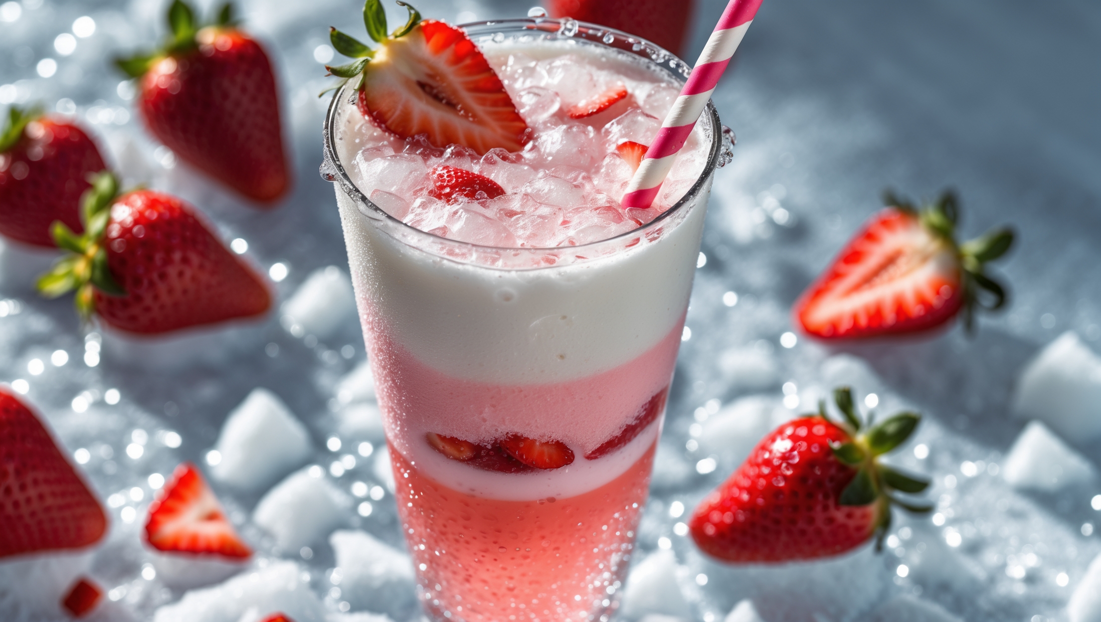 A tall, slender glass showcases this layered mocktail under bright natural daylight, highlighting its striking pink-to-white ombre effect. Fresh strawberry slices and coconut flakes adorn the glass rim, while a striped paper straw stands in crushed ice dotted with tiny strawberry pieces. Condensation beads on the glass surface, capturing the cool refreshment within. The drink is photographed from a 45-degree angle, revealing the beautiful separation between the vibrant strawberry layer at the bottom and the creamy coconut top, with gentle bubbles rising through both layers to create a dynamic visual texture.