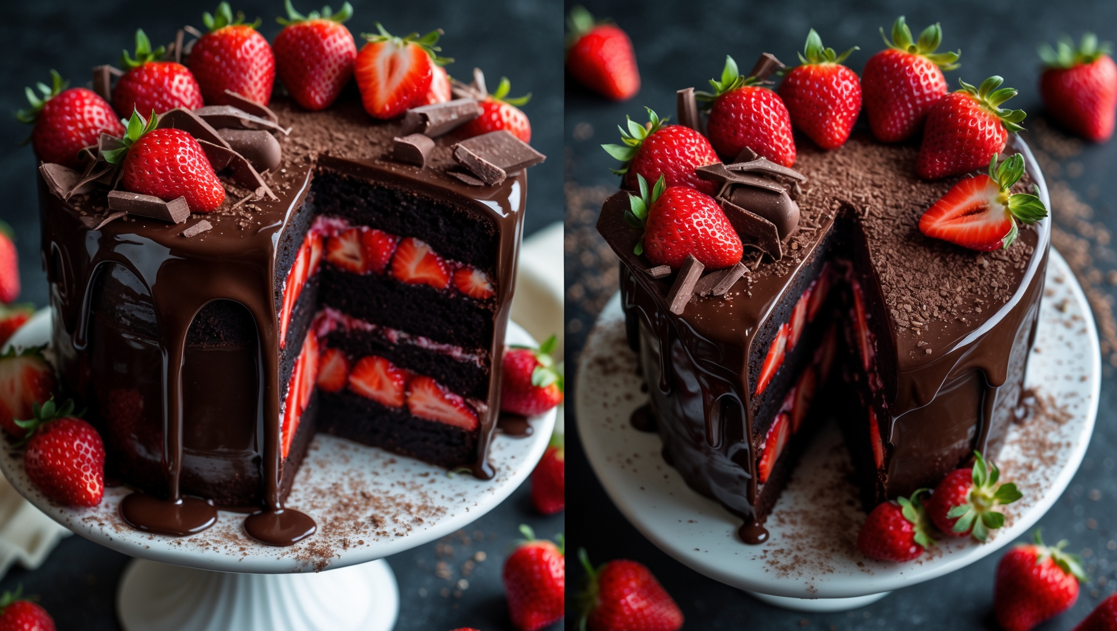 An overhead shot captures a glossy chocolate-glazed layer cake with fresh strawberries cascading down one side and chocolate shavings creating texture on top. A cross-section view reveals distinct layers of dark chocolate sponge separated by vibrant red strawberry filling. The cake sits on a white ceramic cake stand against a dark backdrop, with scattered fresh strawberries and cocoa powder adding context. Soft natural light highlights the glossy chocolate glaze as it drips elegantly down the sides, while the contrast between the deep brown cake and bright red filling creates a striking visual appeal.