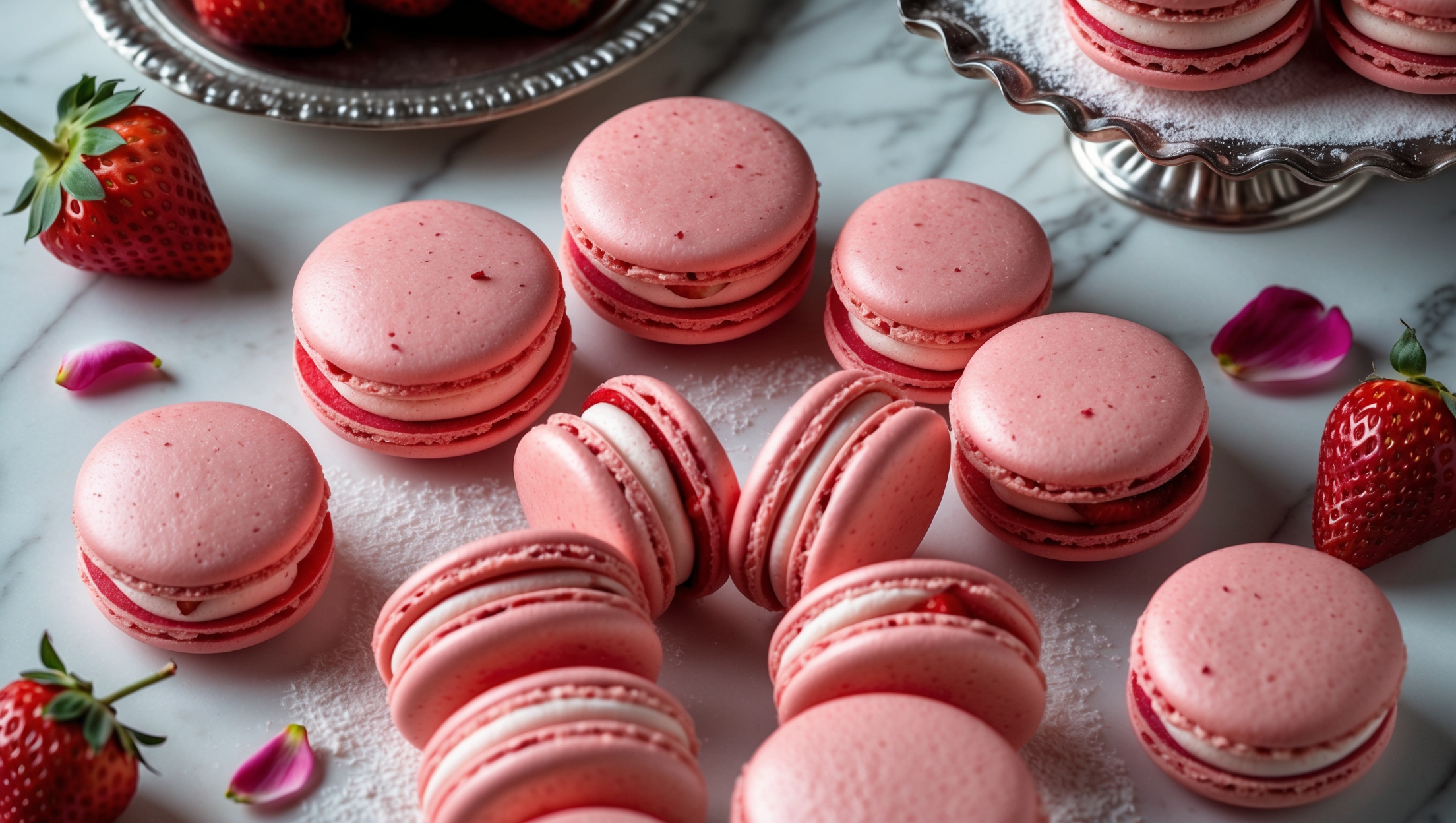 Overhead shot of perfectly formed strawberry macarons arranged in a spiral pattern on a white marble surface, their vibrant pink shells gleaming under soft natural light. A cross-section view reveals the distinctive macaron "feet" and smooth, dome-shaped tops. The filling is visible as a creamy pink layer between the shells, with tiny specks of real strawberry throughout. Fresh strawberries and a few scattered edible rose petals provide color contrast, while a vintage silver cake stand elevates some macarons in the background. A dusting of icing sugar adds dimension and catches the light, highlighting the macarons' delicate, smooth surfaces.