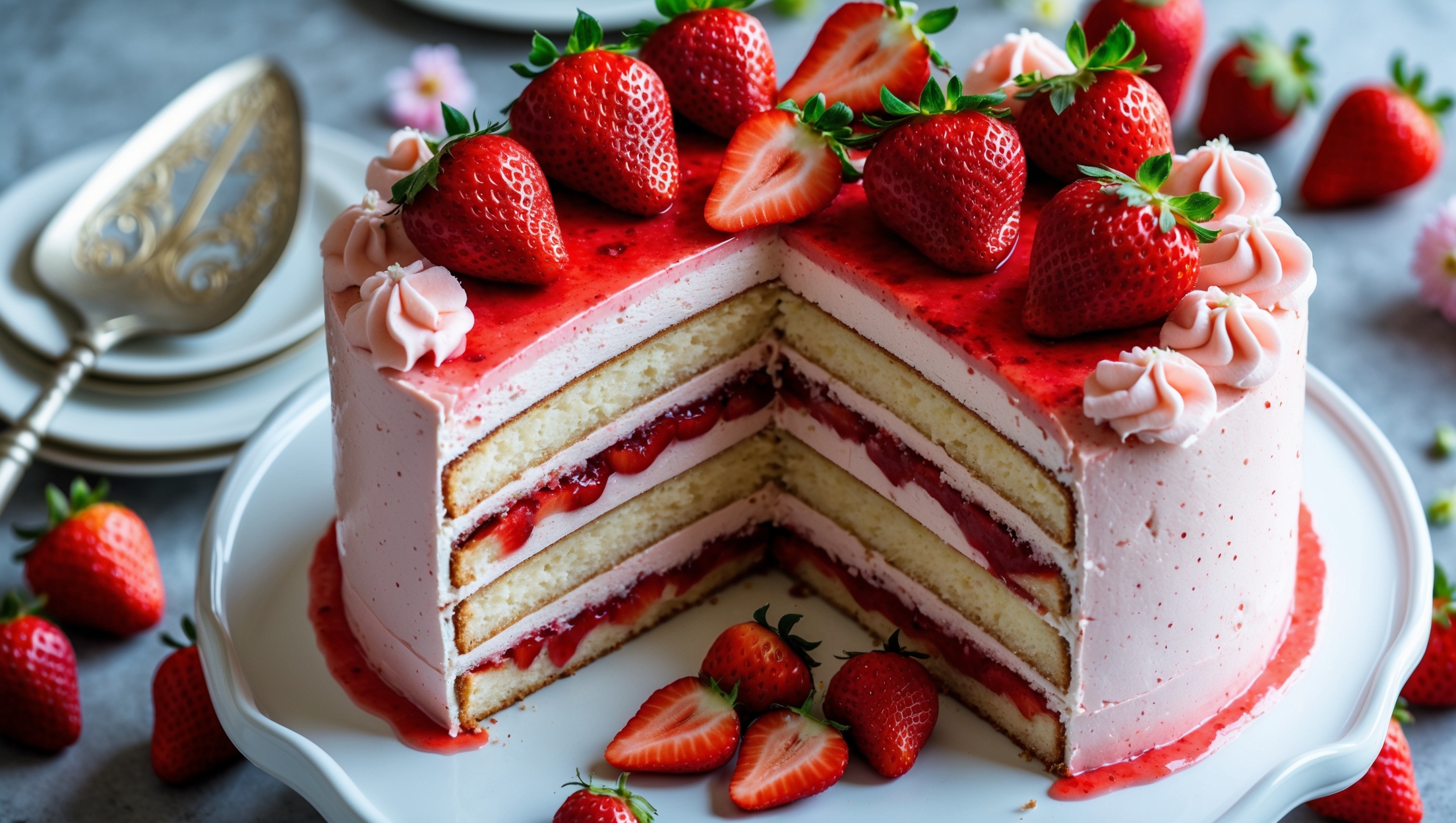 An overhead shot of a three-layer strawberry cake on a white ceramic cake stand, with soft natural light streaming in from the side to highlight the pale pink buttercream frosting. The cross-section reveals moist vanilla cake layers separated by vibrant red strawberry compote. Fresh strawberries crown the top – some whole with leaves intact, others sliced to reveal their juicy interiors. Tiny specks of real strawberry are visible in the smooth buttercream, which has been applied with elegant swirls around the sides. In the background, a vintage silver cake server rests beside the stand, and a scattering of fresh strawberries and edible flowers completes the springtime composition.