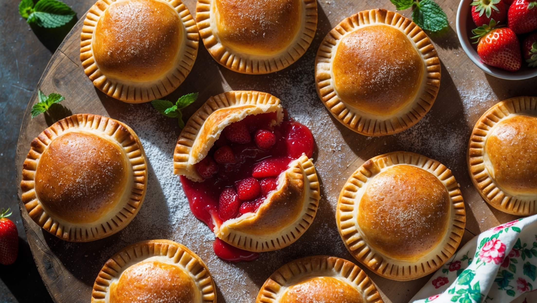 An overhead shot of six golden-brown strawberry hand pies arranged on a weathered wooden board, with one pie broken open to reveal the ruby-red filling oozing slightly from the center. Soft natural light streams across the scene, highlighting the sparkle of coarse sugar crystals on the flaky pastry edges. A small bowl of fresh strawberries and scattered mint leaves add vibrant color contrast, while a vintage floral cloth napkin peeks into the frame. A light dusting of powdered sugar creates a delicate finish against the caramelized pastry, with visible layers of flaky crust and jammy filling that capture the rustic, homemade charm of these portable treats.