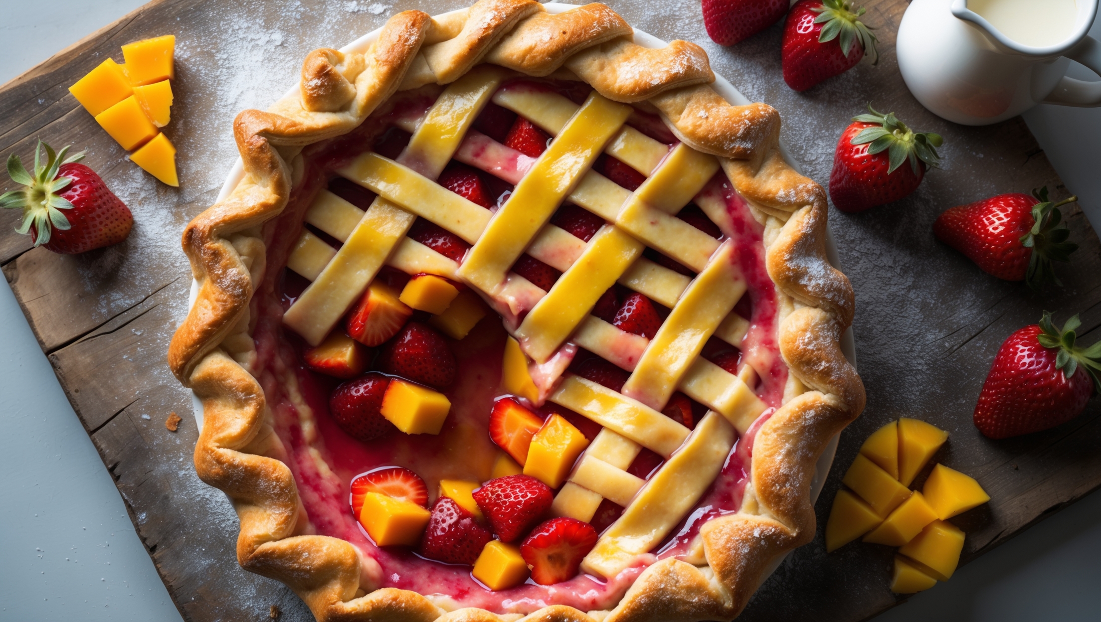 An overhead shot of a rustic Strawberry Mango Pie with a lattice top, the golden-brown crust revealing glimpses of the vibrant red-orange filling bubbling through. The pie rests on a weathered wooden board dusted with flour, captured in soft natural light that highlights the sugary sparkle on the pastry. A scoop has been removed revealing the juicy fruit filling where ruby-red strawberry pieces and sunny orange mango chunks meld together in a glossy syrup. Fresh strawberries and mango slices are artfully scattered nearby alongside a small pitcher of cream, creating a striking color contrast against the warm tones of the pie.