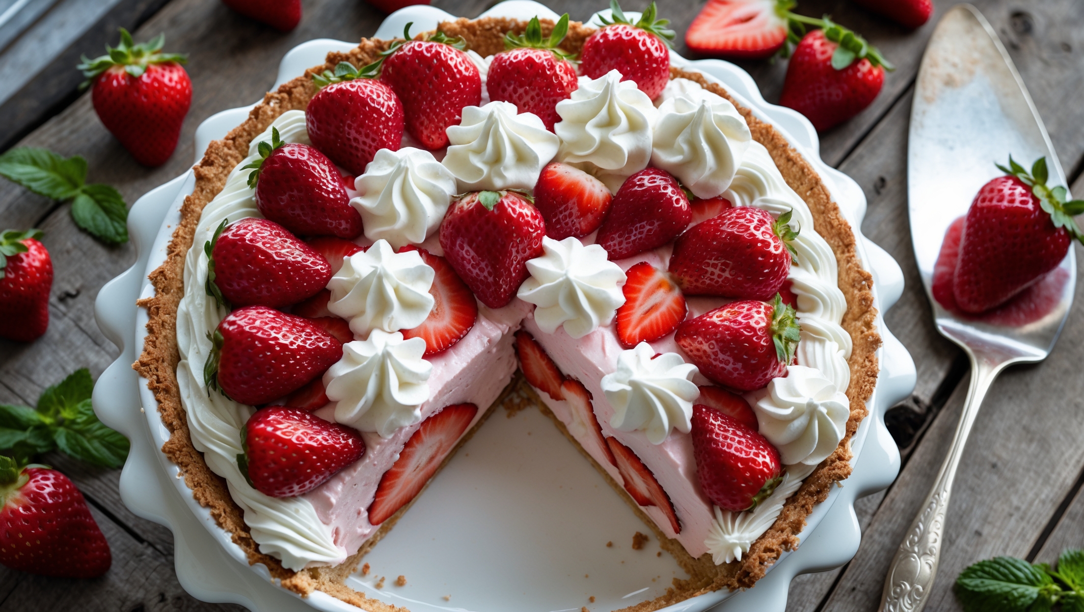 An overhead shot captures a perfectly sliced strawberry cream pie on a white ceramic cake stand, with one slice partially pulled away revealing layers of crimson strawberries nestled in billowy cream against a golden brown crust. Natural window light highlights the glossy glazed strawberries arranged in concentric circles atop the pie, their vibrant red color contrasting with swirls of piped whipped cream rosettes around the edge. Scattered fresh strawberries and mint leaves adorn the rustic wooden table, while a vintage silver pie server rests nearby, ready to serve another slice of this summer classic.