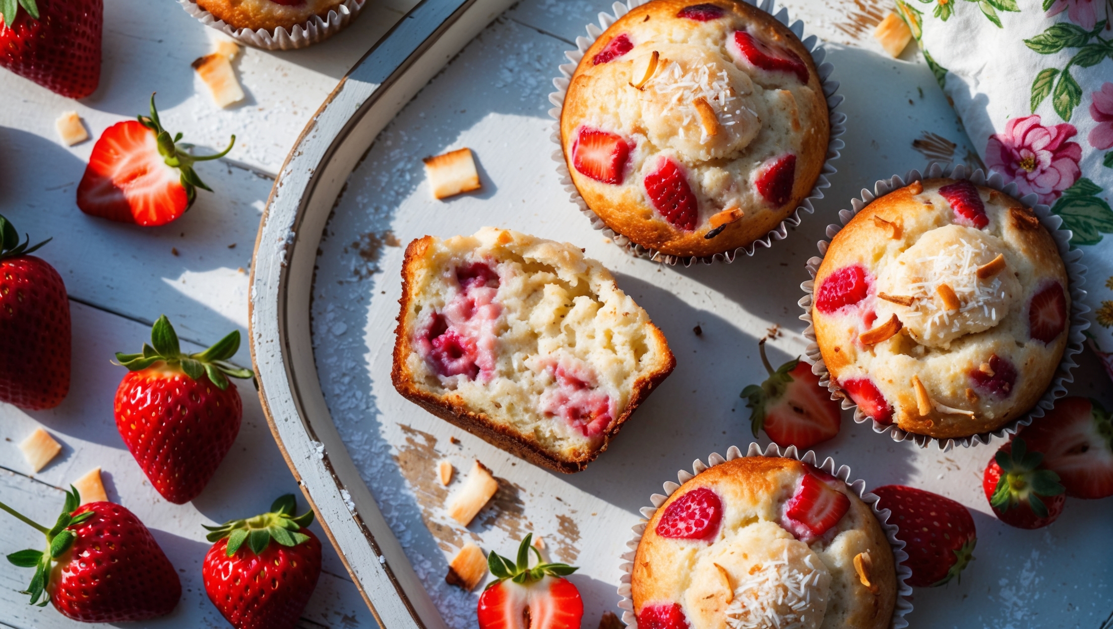 An overhead shot of freshly baked strawberry coconut muffins arranged on a distressed white wooden tray, with early morning sunlight creating gentle shadows. A cross-section view reveals a moist, tender crumb speckled with vibrant red strawberry pieces and coconut flakes. One muffin in focus shows its perfectly domed top with golden-brown edges and a sprinkle of toasted coconut. Surrounding the tray are scattered fresh strawberries, coconut flakes, and a vintage floral napkin. A delicate dusting of powdered sugar catches the light, highlighting the textural contrast between the fruit-studded interior and the crisp muffin tops.