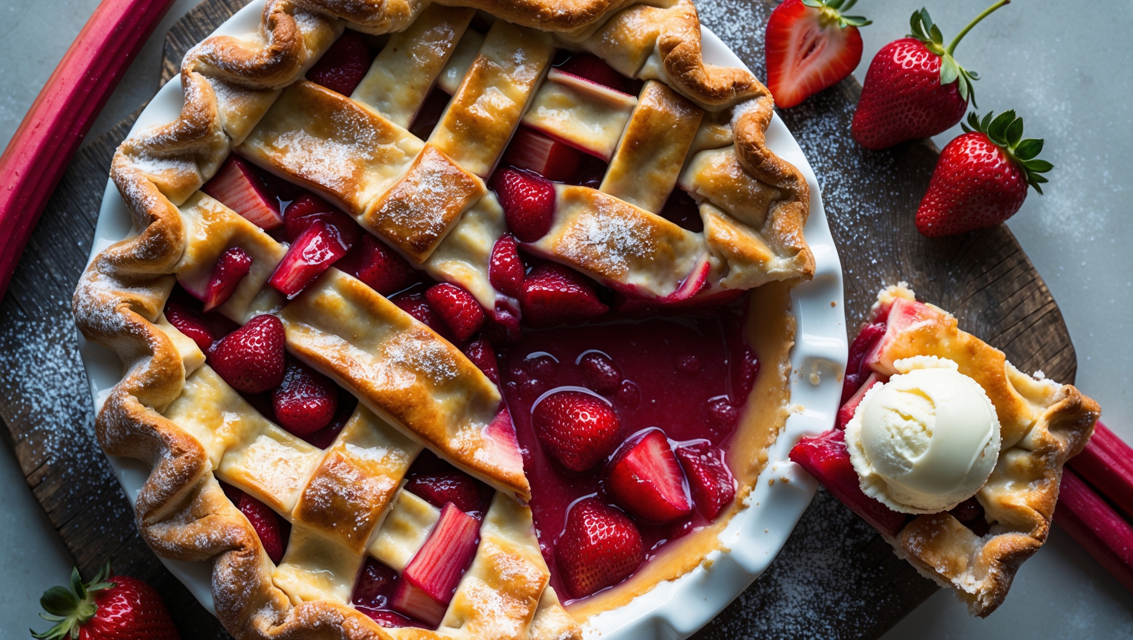 An overhead shot of a golden-brown strawberry rhubarb pie with a lattice top crust, where bubbling ruby-red filling peeks through the gaps. A slice has been removed, revealing the glistening jewel-toned filling where chunks of scarlet strawberries and pink rhubarb meld together. The pie rests on a weathered wooden serving board, with a scoop of melting vanilla ice cream alongside the removed slice. Soft natural light highlights the sugar-crusted pastry edges and the vibrant filling, while scattered fresh strawberries and rhubarb stalks frame the composition. A light dusting of powdered sugar creates contrast against the rich colors of the filling.