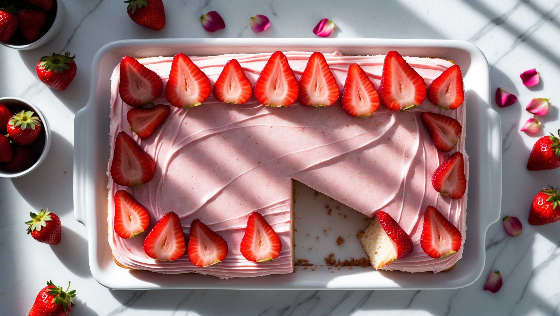 An overhead shot of a perfectly rectangular strawberry sheet cake on a white ceramic platter, its surface covered with smooth, pale pink strawberry buttercream swirled into delicate peaks and valleys. Scattered across the top are thinly sliced fresh strawberries arranged in a gradient pattern from corner to center, their vibrant red contrasting beautifully with the soft frosting. A slice has been removed, revealing the cake's tender, vanilla-flecked crumb against the creamy frosting layer. The scene is captured in bright natural light streaming through a kitchen window, casting soft shadows across a marble countertop where small bowls of fresh strawberries and rose petals complement the presentation.