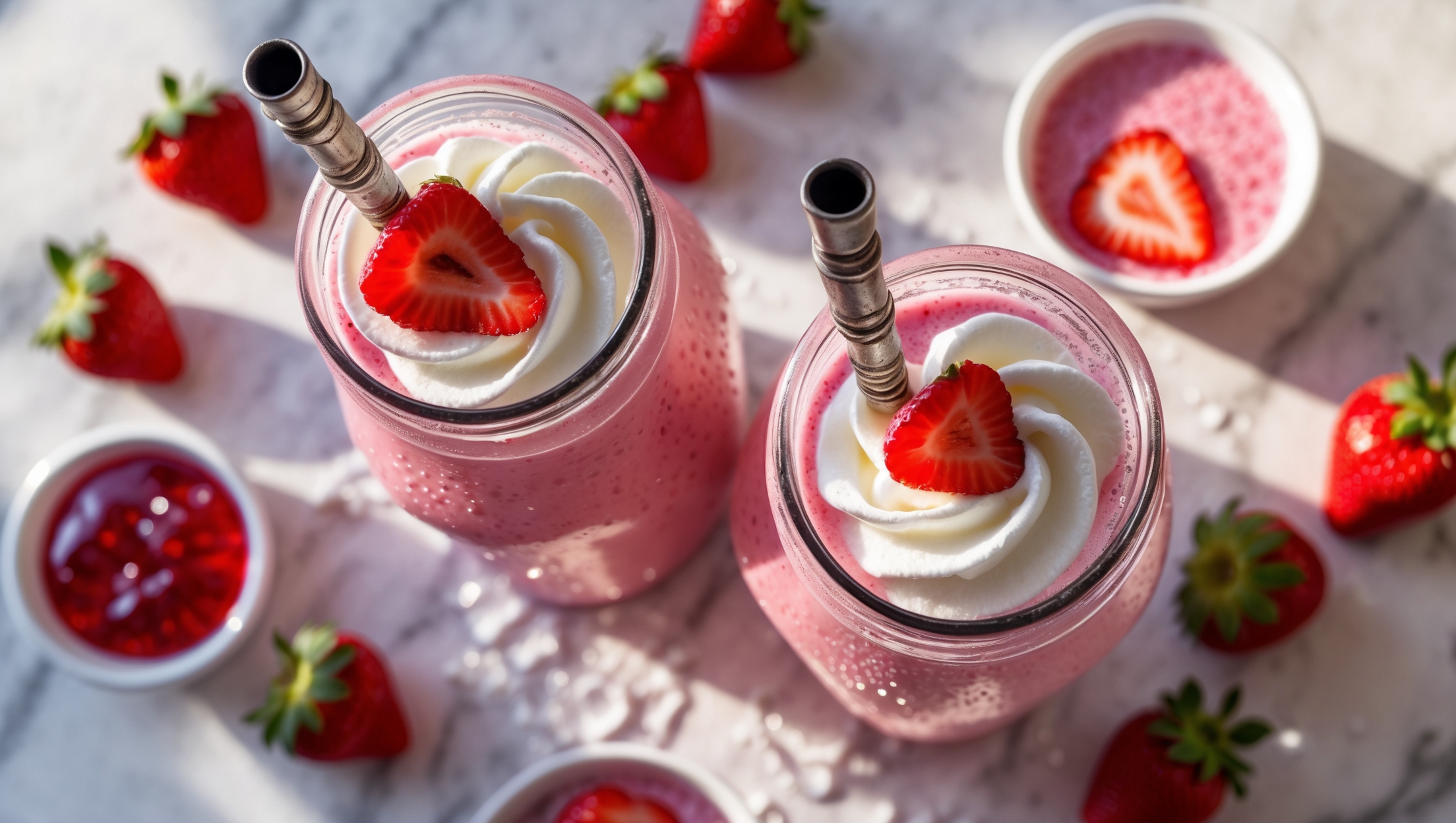 An overhead shot of two glass milk bottles filled with vibrant pink strawberry milk, topped with swirls of whipped cream and garnished with fresh strawberry slices. A vintage metal straw stands in each bottle, surrounded by scattered fresh strawberries and a small bowl of strawberry syrup on a light marble countertop. The soft natural light creates attractive shadows highlighting the frothy texture on top of the milk, while droplets of condensation on the outside of the bottles suggest refreshing coolness.