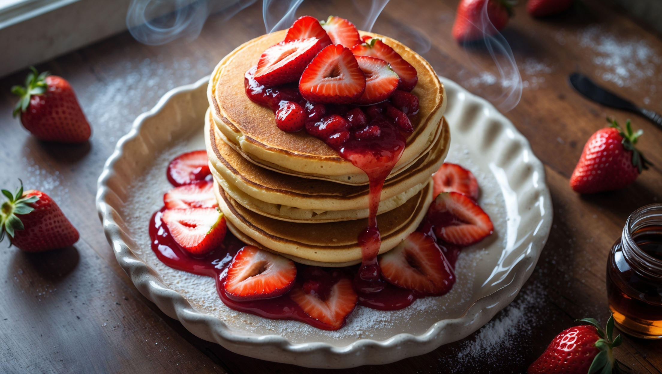 An overhead shot captures a stack of three golden-brown pancakes on a rustic white ceramic plate, their edges perfectly crisp while the centers remain pillowy soft. Fresh strawberry slices are nestled between each pancake, with a generous drizzle of homemade strawberry compote cascading down the sides. The vibrant red berry sauce creates a beautiful contrast against the warm amber pancakes. Scattered across the wooden table are fresh whole strawberries, a small jar of maple syrup, and a dusting of powdered sugar. Soft morning light streams in from a nearby window, highlighting the steam rising from the warm stack and the glossy sheen of the fruit-studded sauce.