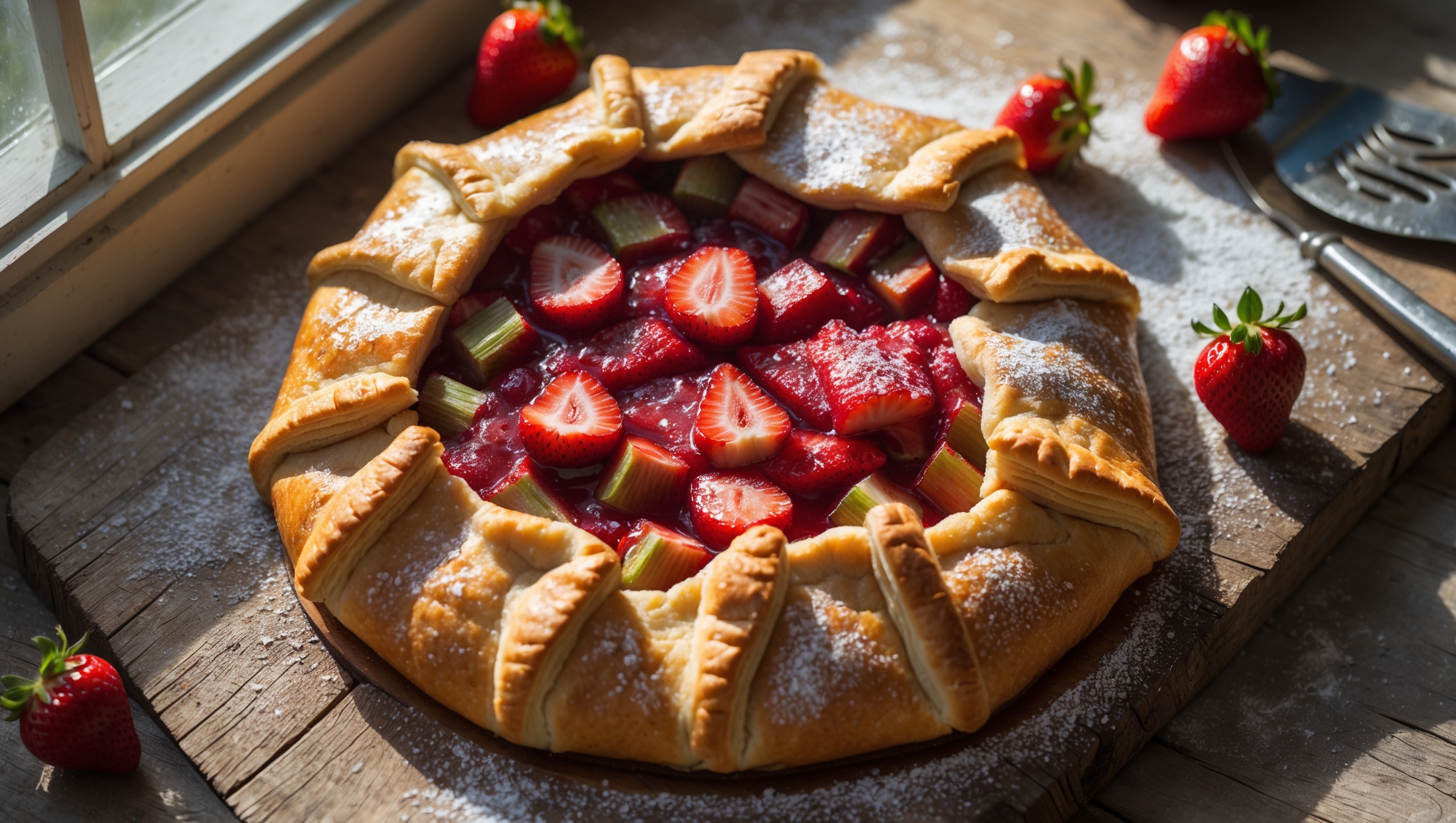 An overhead shot of a golden-brown rustic galette on a weathered wooden board, its crimped edges revealing a vibrant ruby-red filling where strawberries and rhubarb pieces glisten with caramelized sugar. A close-up shows the flaky, butter-speckled crust contrasting with the jammy interior, while scattered fresh strawberries and powdered sugar dust the surroundings. Soft natural light streams in from a nearby window, highlighting the bubbling fruit juices that have slightly caramelized at the edges and the coarse sugar crystals sparkling atop the crust. A vintage cake server rests nearby, ready to slice into the warm pastry that sits on a simple ceramic plate.